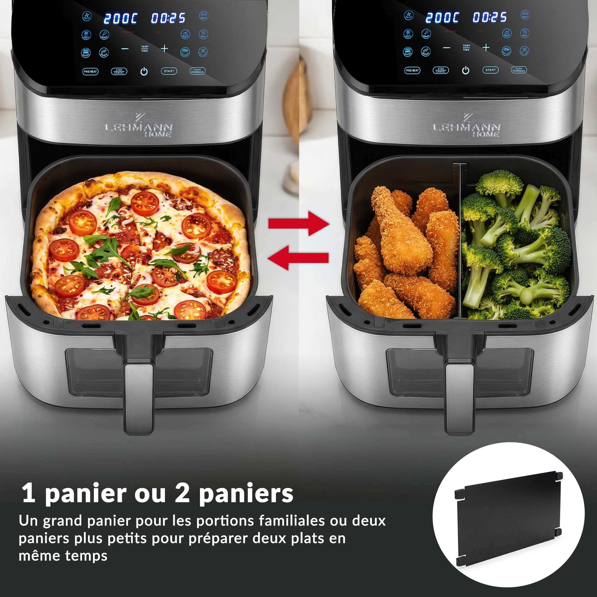 LEHMANN Air Fryer 8L avec Compartiment Flexible Dual Zone, Fenêtre, 12 programmes, Réglage Température 76-200°C, Écran Tactile LED, Revêtement Antiadhésif, 90% de Matières Grasses en Moins