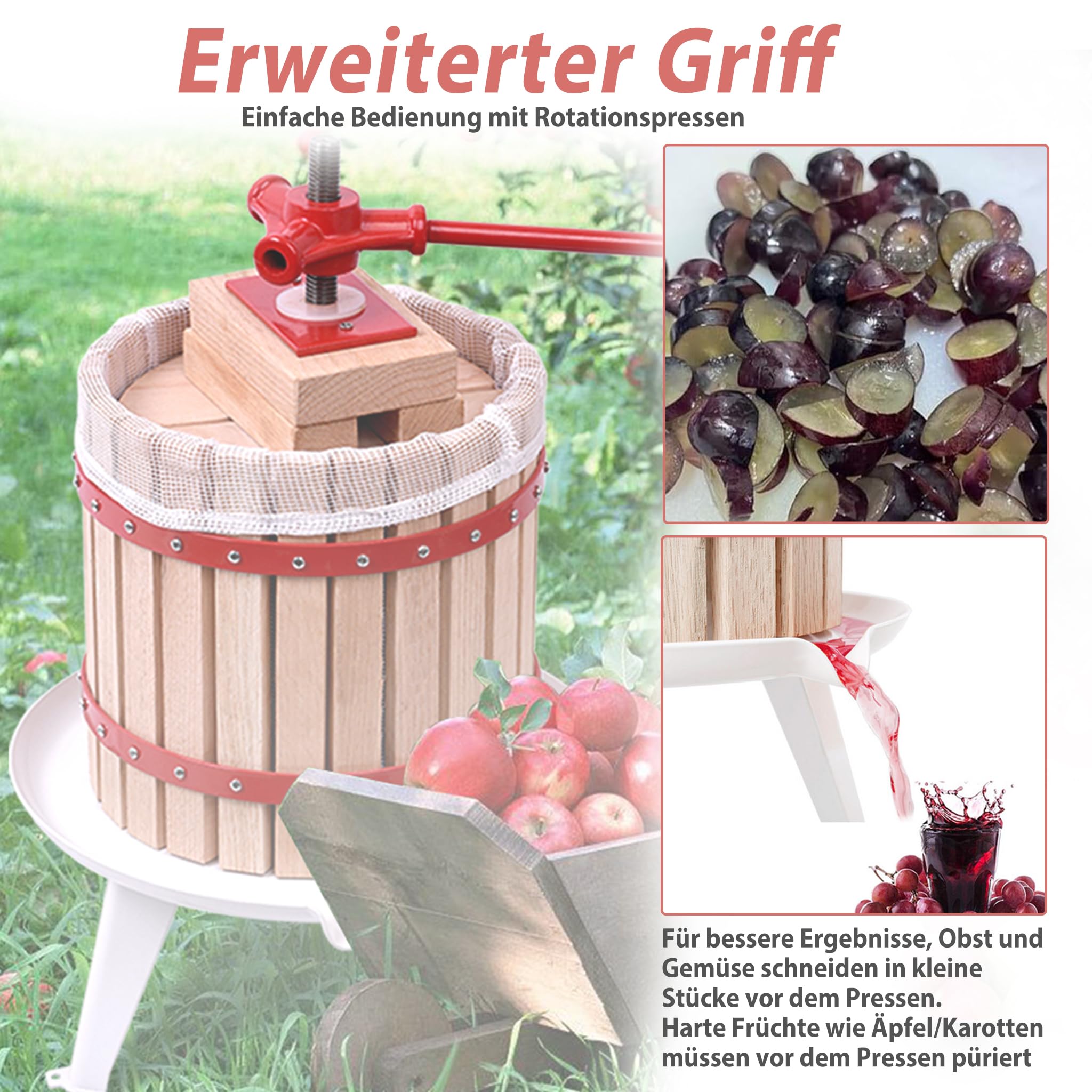 YRHome 6L Obstpresse + 7L Obstmühle Saftpresse Entsafter Fruchtpresse Manuell Maischemühle Traubenmühle Weinpresse Maischepresse Beerenmühle Apfelpresse mit Pressnetz für Fruchtsäfte Beeren