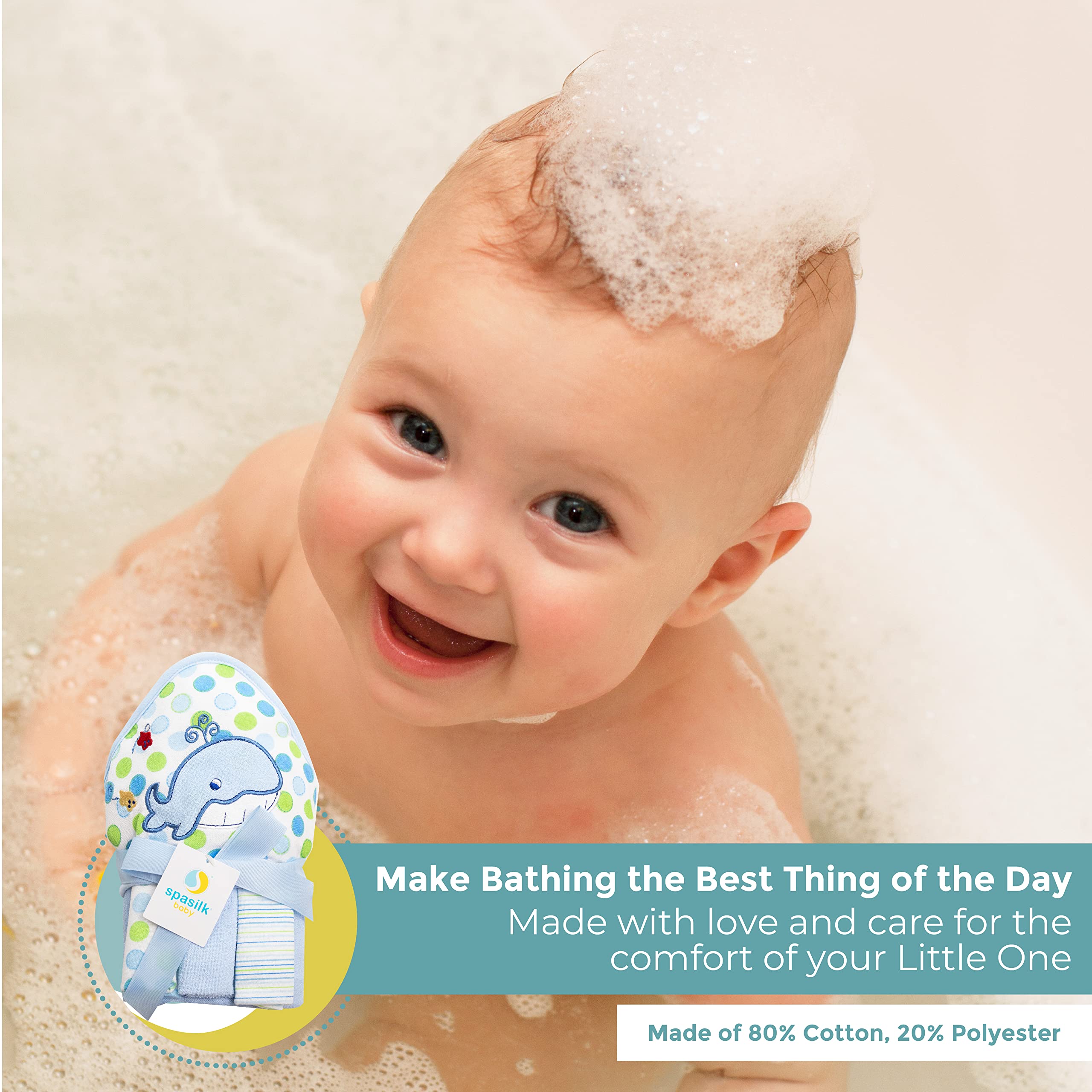Spasilk Toalla de Rizo con Capucha para baño de bebé con 3 paños, artículos Esenciales de baño para bebé, Talla única, Ballena Azul
