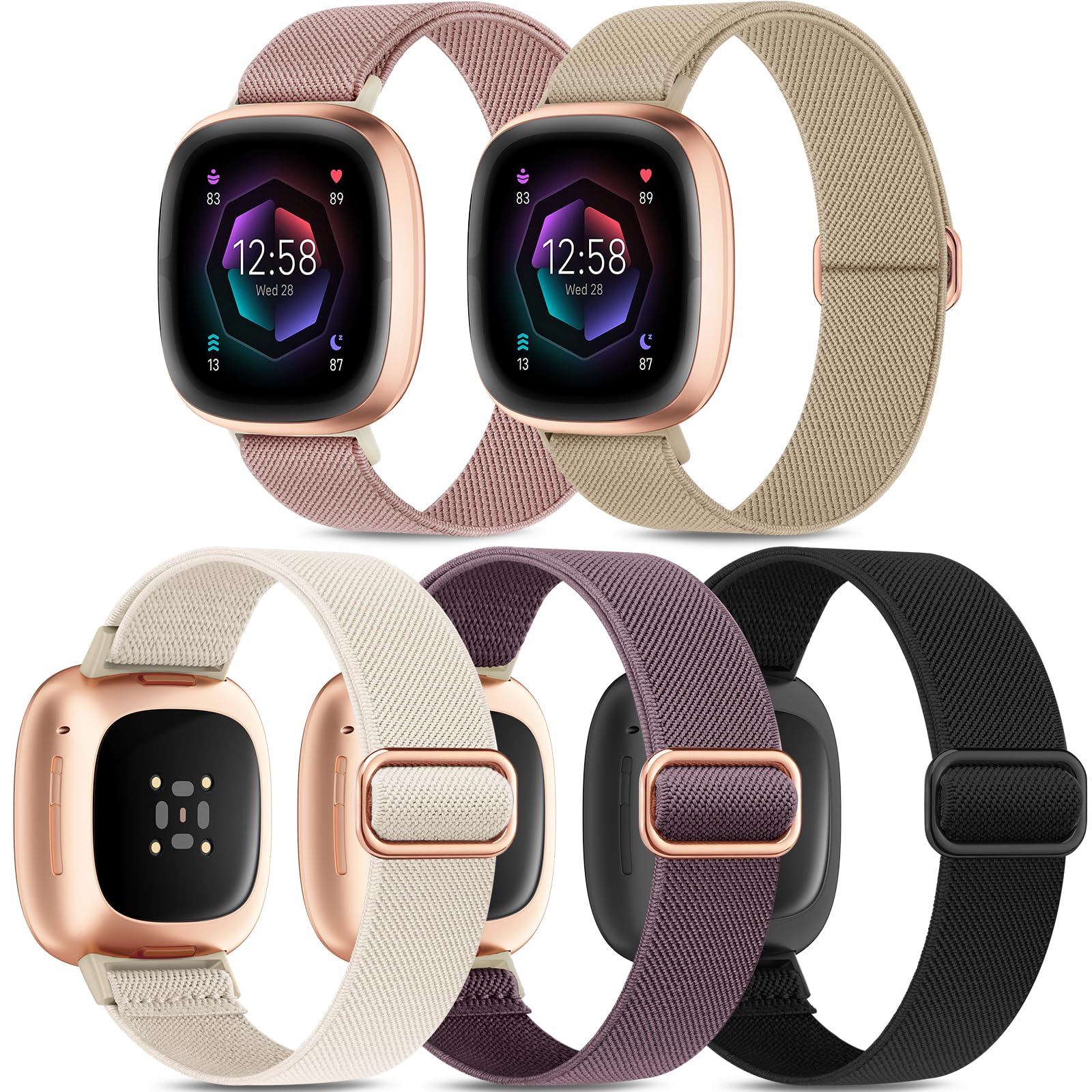 Higgs 5 Pack Straps Compatible with Fitbit Versa 4/3 Sense/Sense 2 Strap for Women Men, Soft Elastic Nylon Sport Replacement Band for Versa 4/Versa 3/Sense