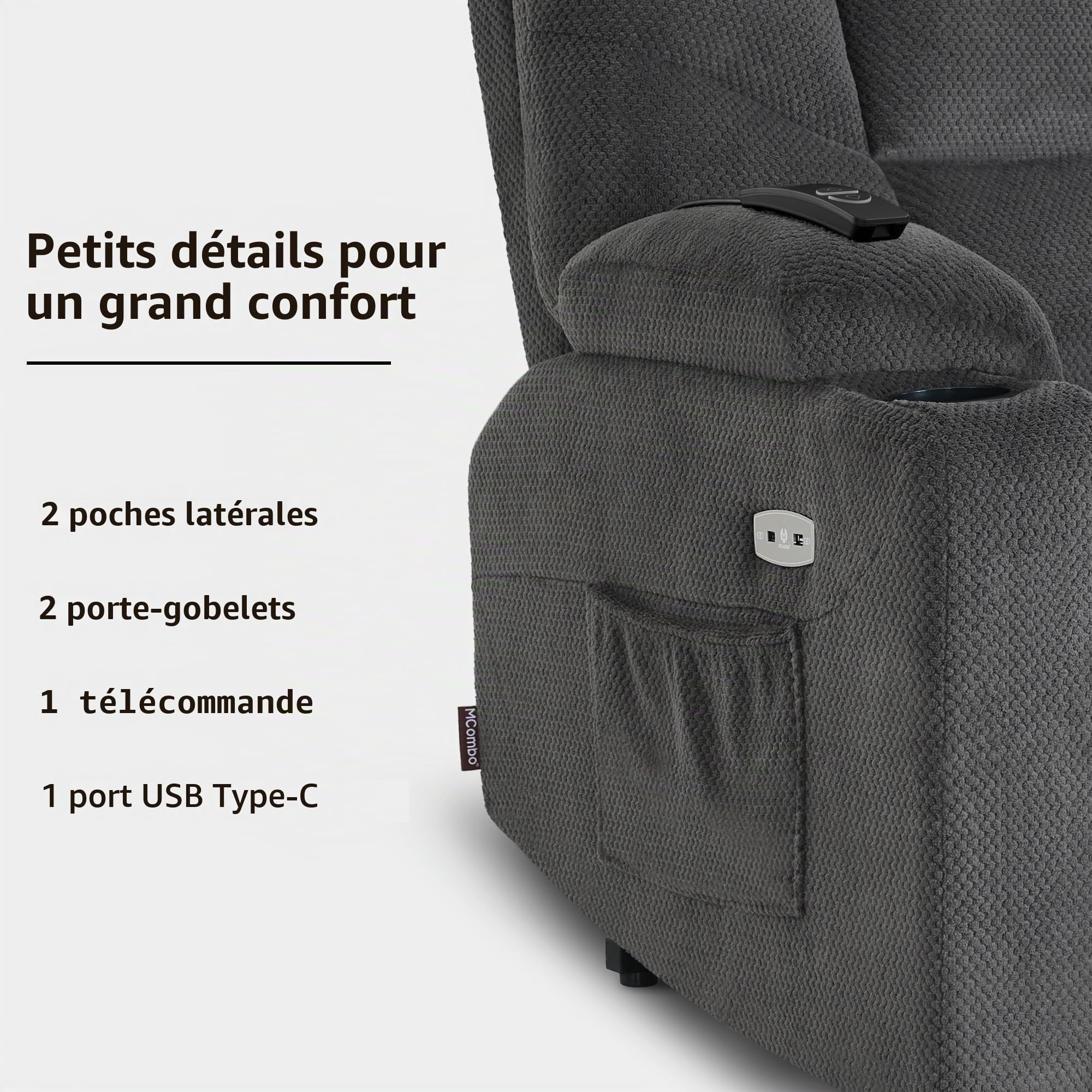 M MCombo Fauteuil TV avec Aide à la montée électrique, Fauteuil avec Aide à la montée, Fauteuil TV avec Fonction inclinable jusqu'à 140°, avec USB 7286