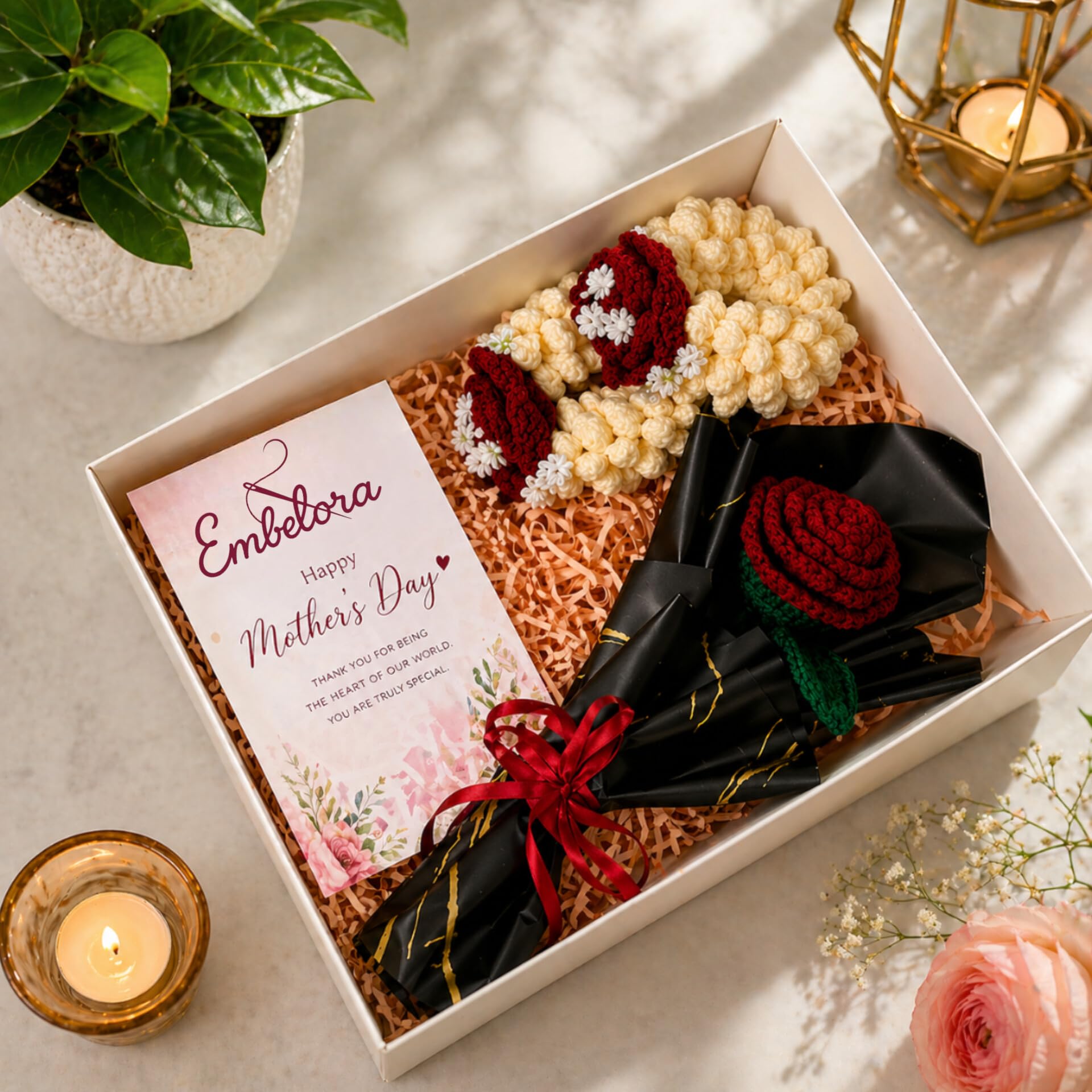 Embelora Handmade Crochet Gift Hamper, Mother's Day, Crochet Gajra and Rose Bouquet with Greeting Card-image-20