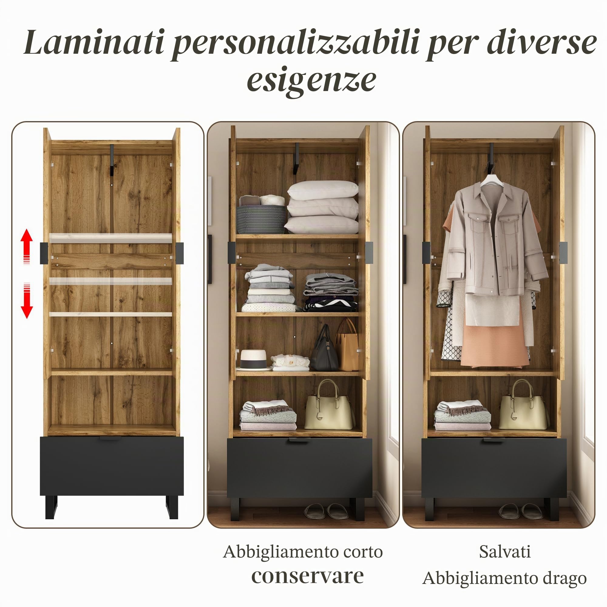 Lexiou Armadio per guardaroba, 1 cassetto, uno scomparto con ripiani regolabili, con asta appendiabiti