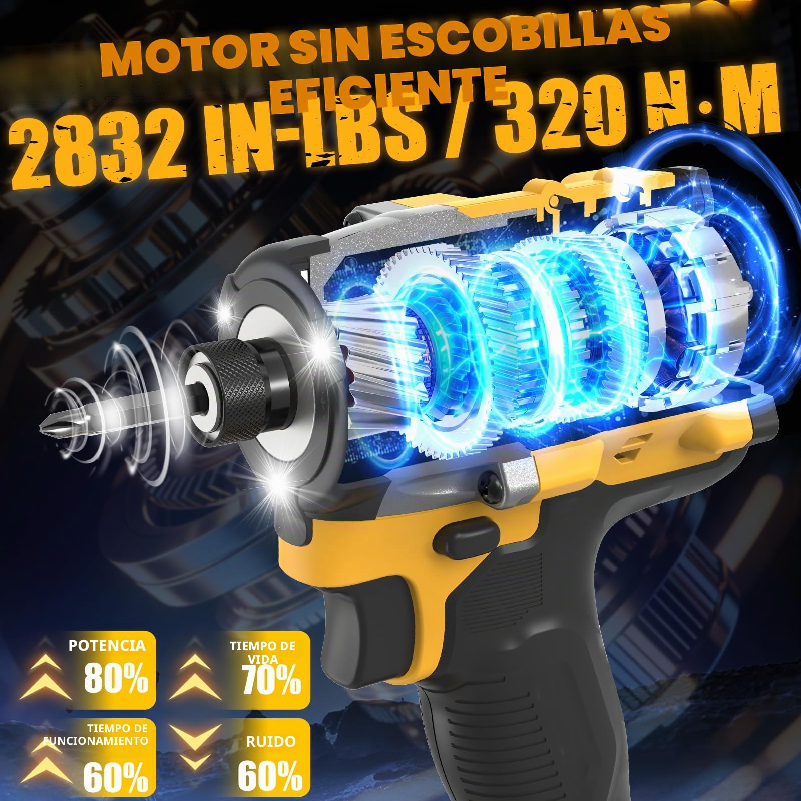 Atornillador de Impacto 320 Nm, Portapuntas de 1/4", Motor sin Escobillas, 21V Destornillador de Impacto con 2 Baterías de 2,0 Ah & 9 Dados & 10 Puntas de Destornillador para Bricolaje