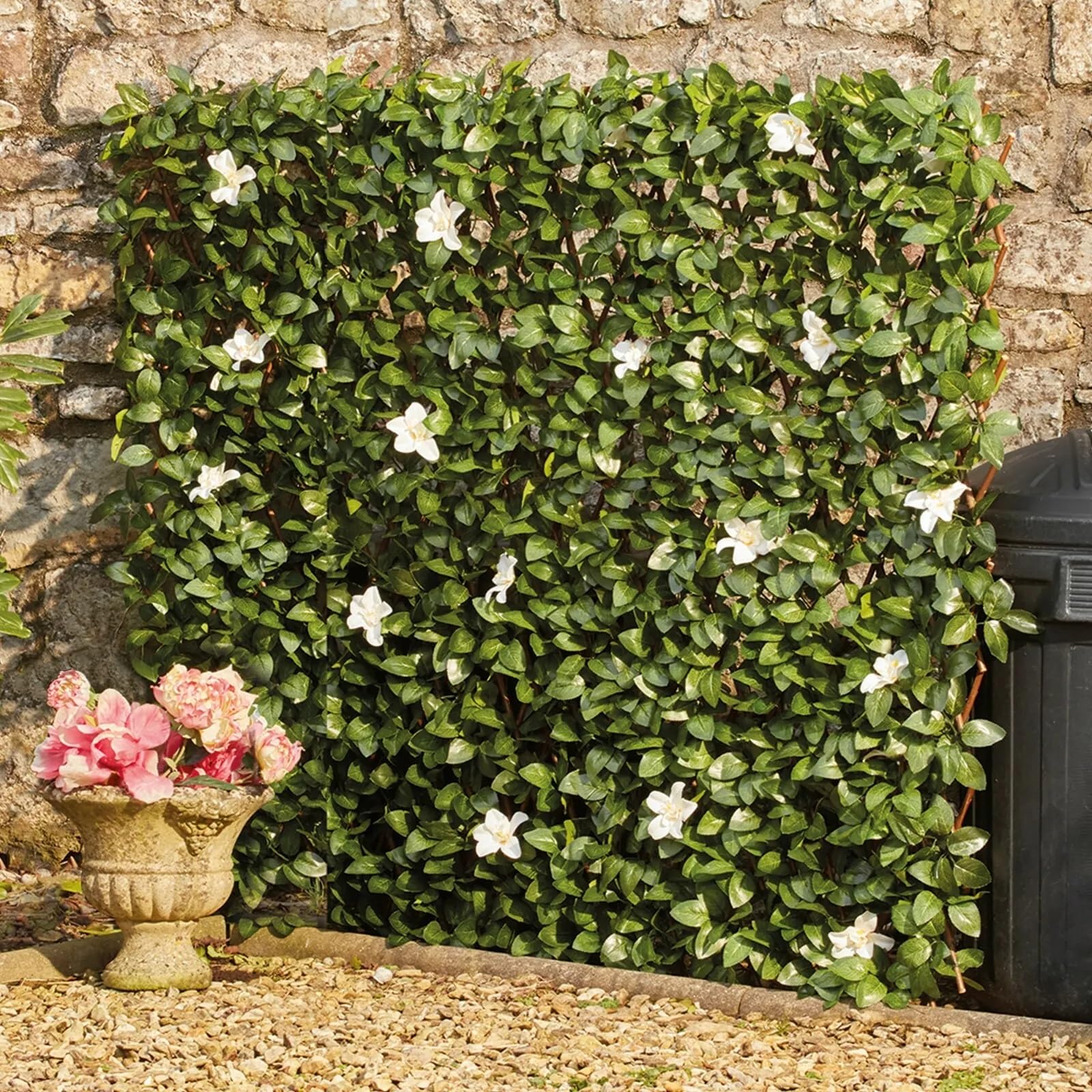 Garden Gear Expandable Artificial Hedge Trellis 1m x 2m Privacy Screening Panel for Gardens Patios, Balcony, and Terraces (White Flower Trellis)