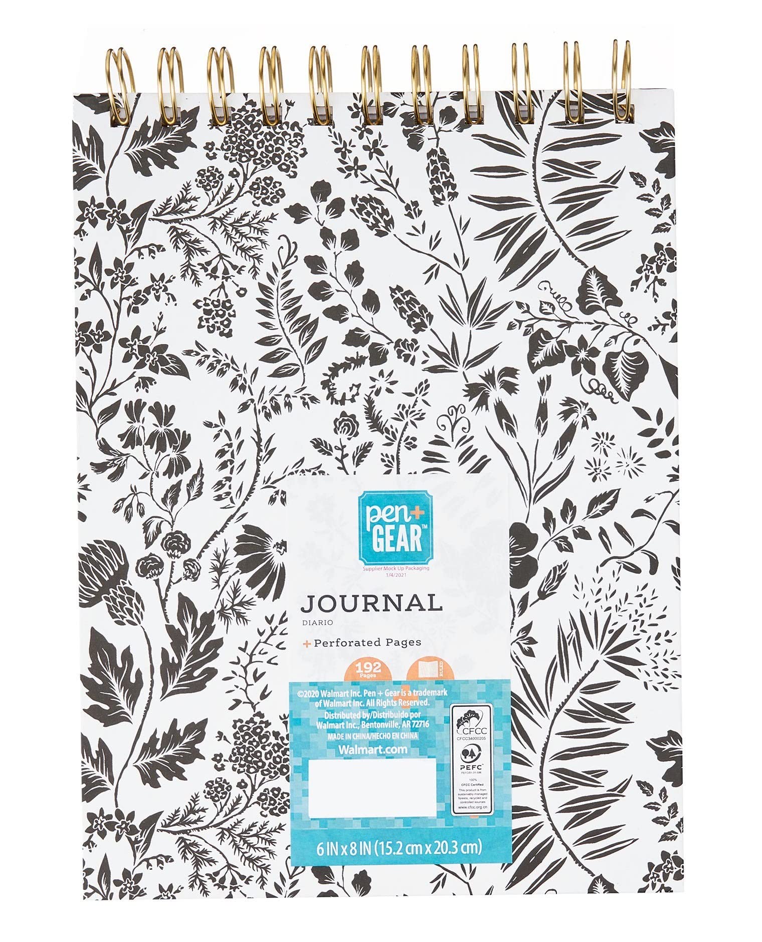 Pen+Gear Top Spiral Notebook Black White Floral, 6" x 8" x .6", 192 Pages