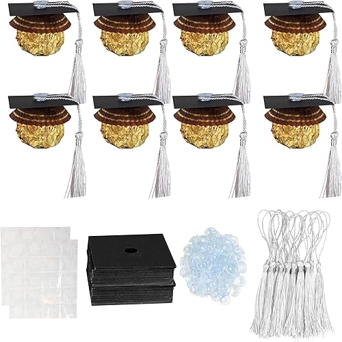 Gyufise 36Pcs 2025 Graduation Cap Cupcake Toppers with Tassel Adhesive Dots Chocolate Decorations Class of 2025 Congrats Grad Cap Cupcake Decorations for 2025 Graduation Theme Party Supplies Silver