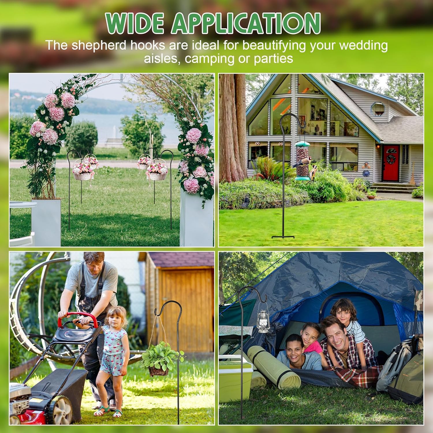 Suzile 24 Pcs Shepherds Hooks for Outdoor 48" Adjustable Metal Garden Shepherd's Hook 1/3" Thick Black Heavy Duty Bird Feeder Pole for Lanterns Outside Hanging Solar Lights Wedding Decor