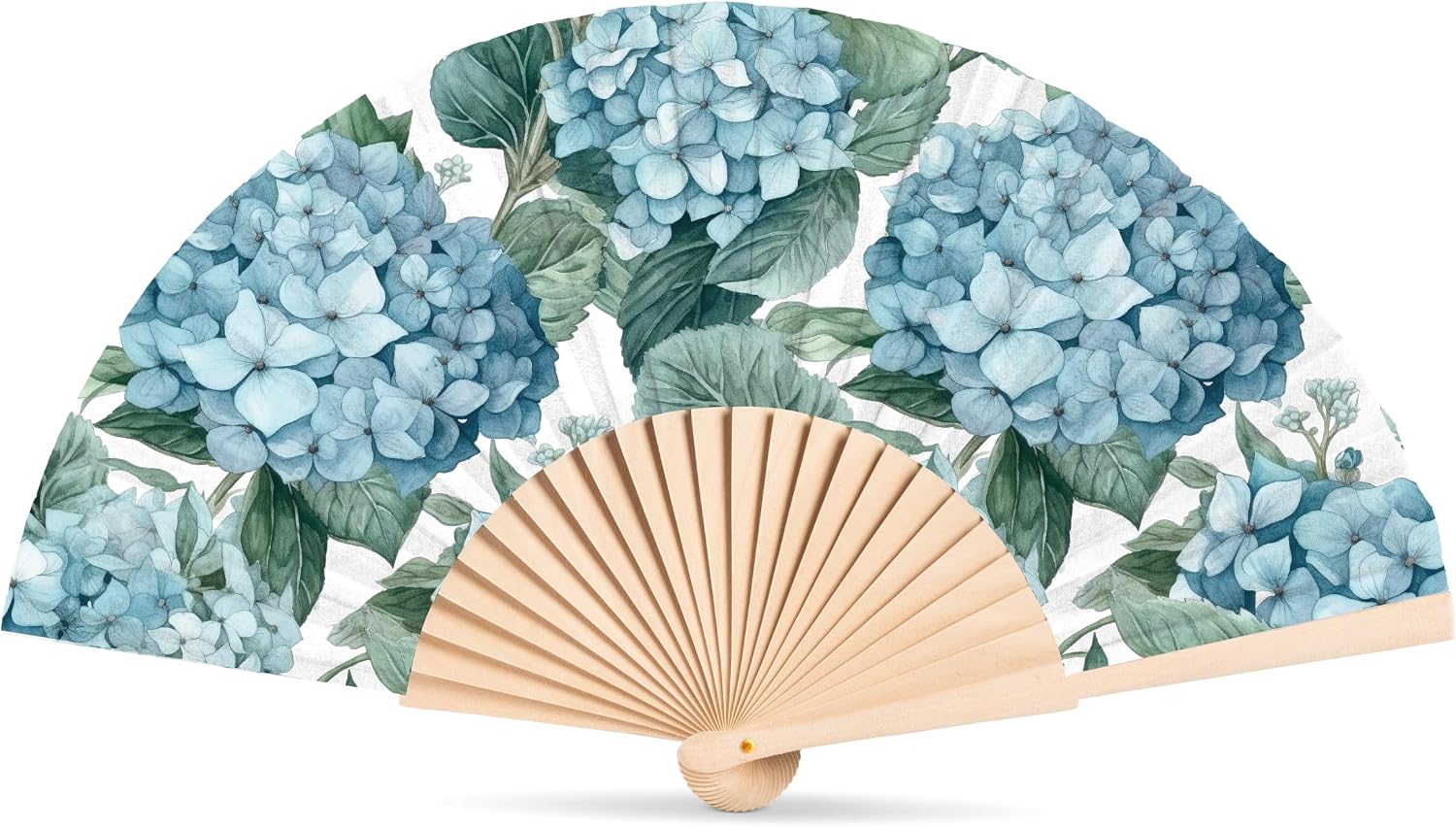 Abbott Collection Hydrangea Folding Hand Fan | Wood/Cotton, Blue/Green, 16"W