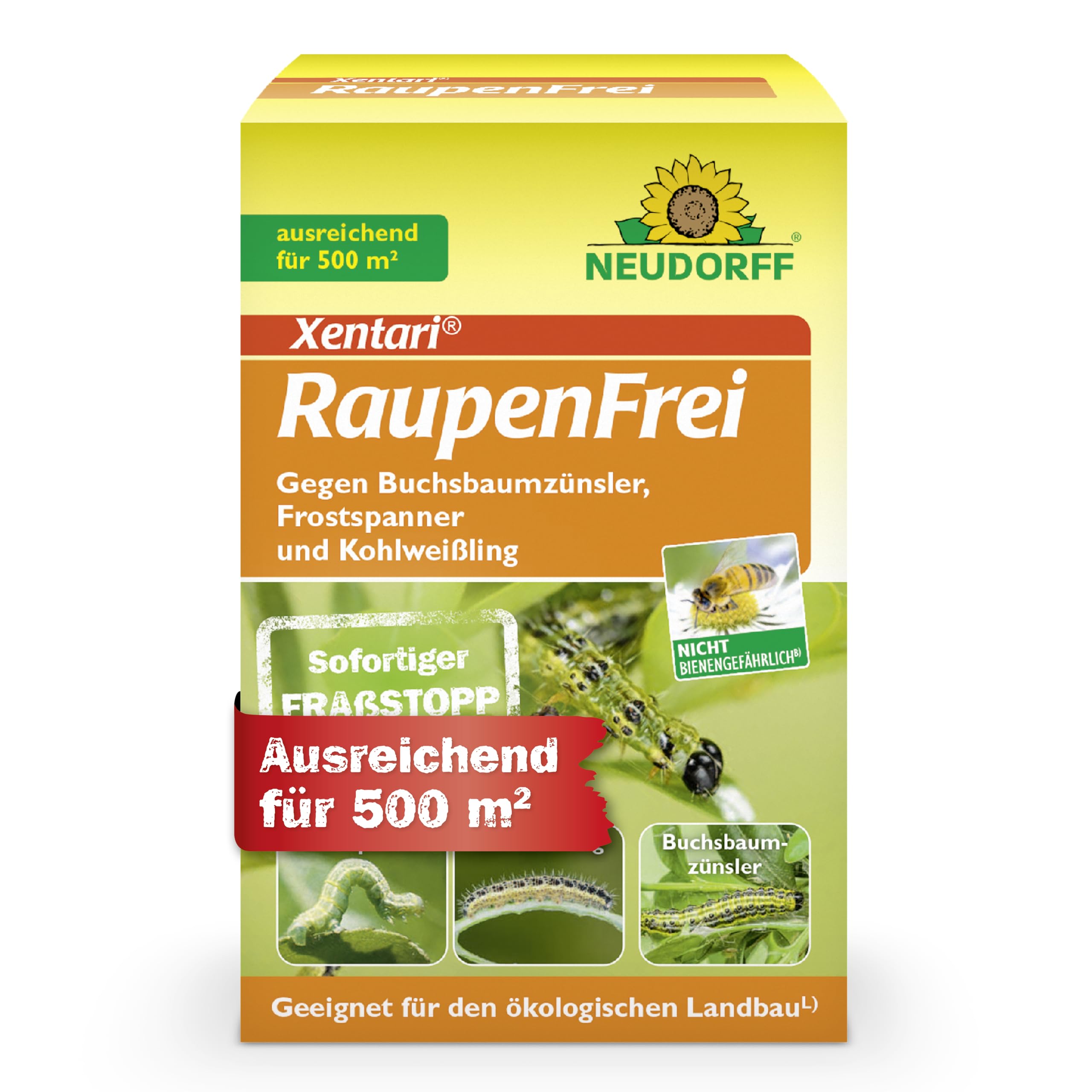 Neudorff Xentari RaupenFrei für 500 m² – Bekämpft biologisch Buchsbaumzünsler und andere Raupen an Buchsbaum und Hecke, biologisches Insektizid, 25g
