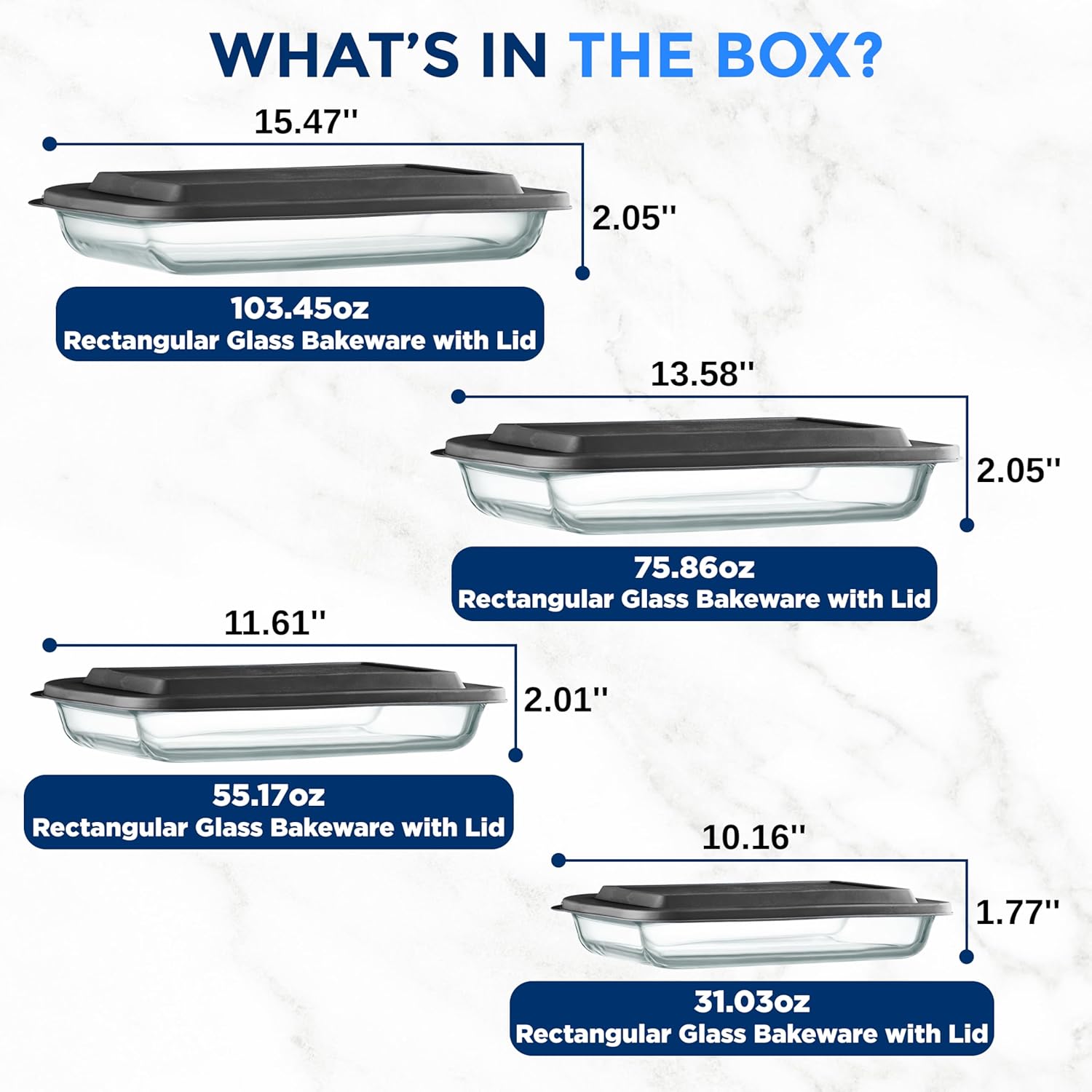 SereneLife 4-Piece Glass Baking Dish with Lids Set - Heavy Duty Rectangular Glass Baking Pan with BPA-Free Lids, Oven-Safe Bakeware for Lasagna, Meats, Desserts, & More - Dishwasher Safe, Black