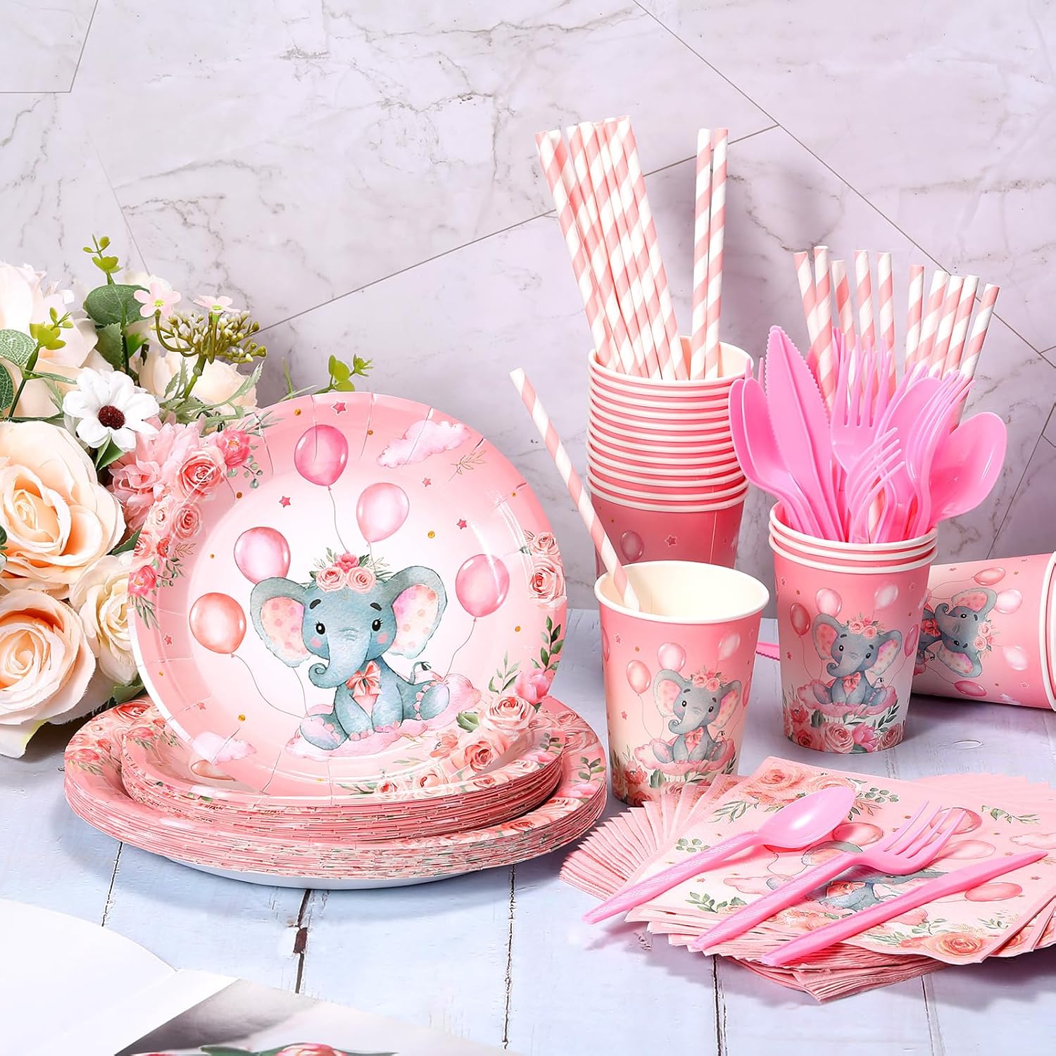 Spakon 200 Pcs Baby Shower Decoration Elephant Party Paper Plates Napkins Cups and Tableware Straws Set for 25 Guests Boys Girls Elephant Birthday Gender Reveal Party Favors(Pink,Adorable Style)