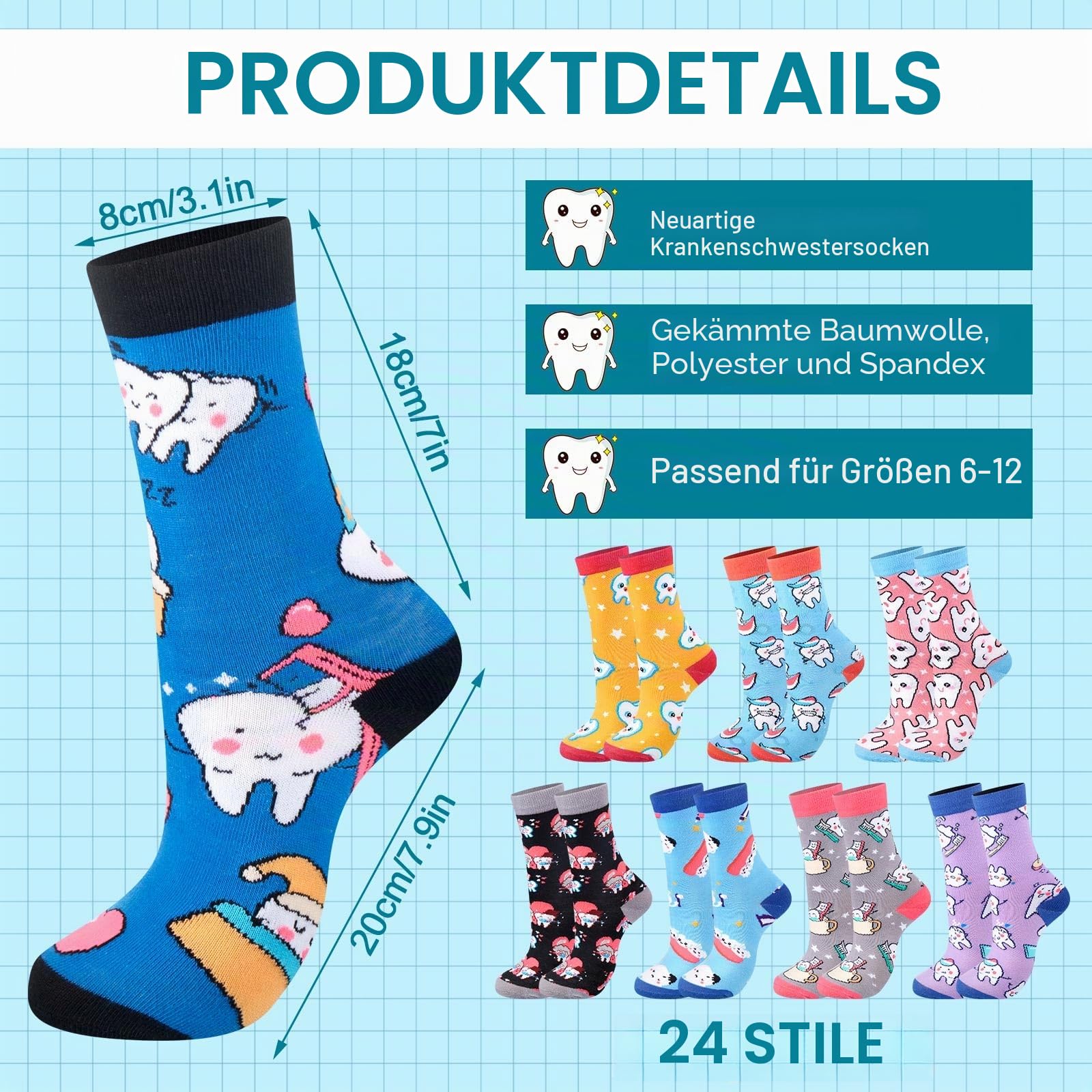 Xaatren 24 Paar Zahnarztsocken, niedlich, lustig, Zahnarzt-Assistent, Wintergeschenke, Zahnmuster, Crew, Neuheit, Zahnarzt, Hygiene-Geschenke für Frauen, Krankenschwestern, Größen 39 bis 47,