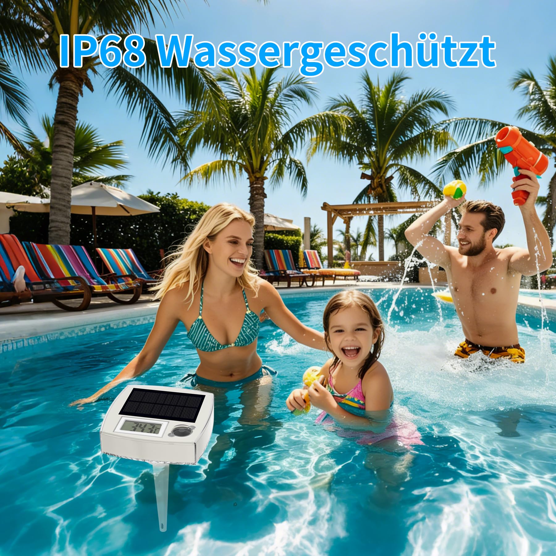 Solar Pool Thermometer Digital, IP68 wasserdicht – Schwimmend,RGB-Nachtlicht,Großer LCD-Display, Tag/Nacht-Sensor,8 Lichtmodi,Manuelle Steuerung,für Schwimmbecken,Spa,Teich