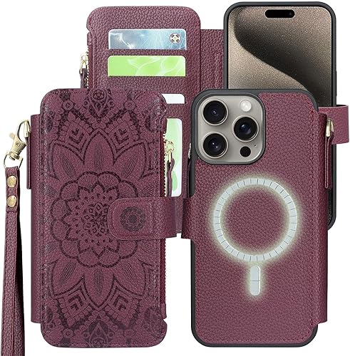 Harryshell Funda compatible con iPhone 15 Pro, con carga inalámbrica MagSafe con 3 ranuras para tarjetas, bolsillo con cremallera, bolsillo con