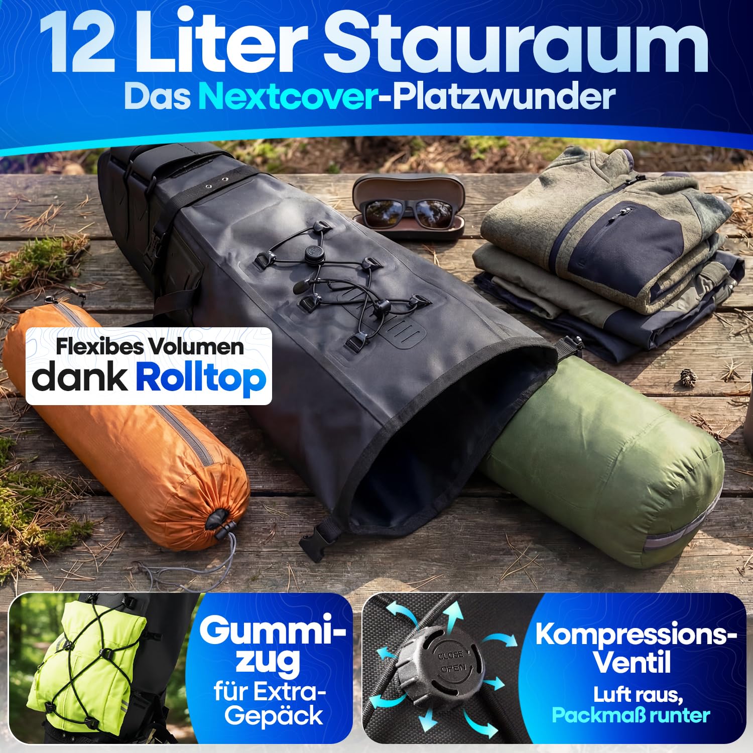 Nextcover® Bikepacking Satteltasche [12 Liter] I Fahrradtasche Sattel I 100% Wasserdicht Dank AquaShield-TPU I Satteltasche für Fahrrad, Bikepacking Taschen für Gravelbike, Rennrad, MTB