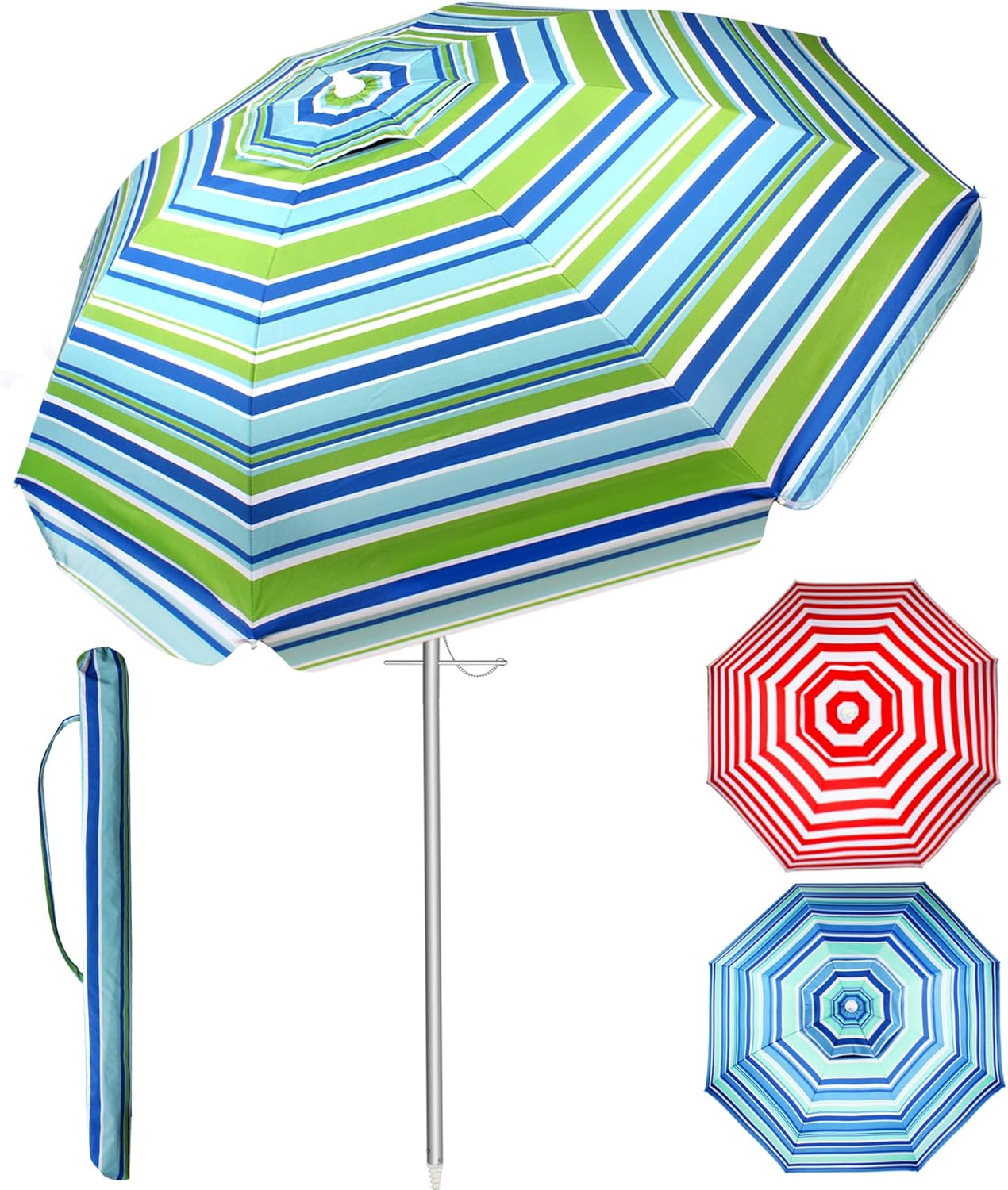 SUNYPLAY Beach Umbrella, 7ft Beach Umbrella with Sand Anchor & Tilt Aluminum Pole, Portable UV 50+ Protection Sun Shelter with Carry Bag for Patio Garden Beach Outdoor (Blue/Green)