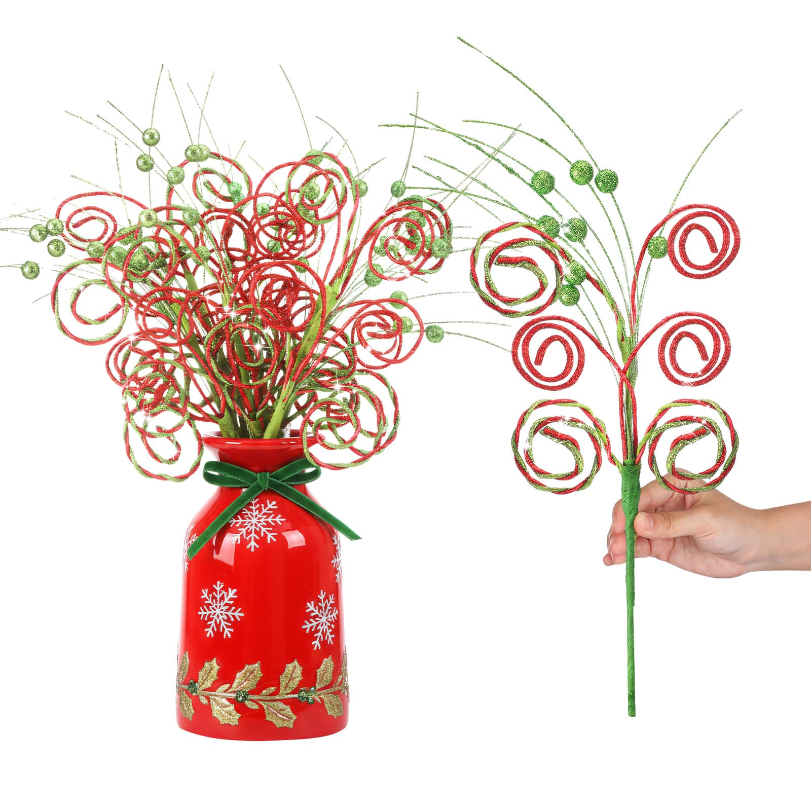 Gejoy Lot de 9 pics pour sapin de Noël - 40,6 cm - Vert citron et rouge pailleté - Décorations de bonbons artificiels pour décoration de sapin de Noël, vase, vacances (torsadé)