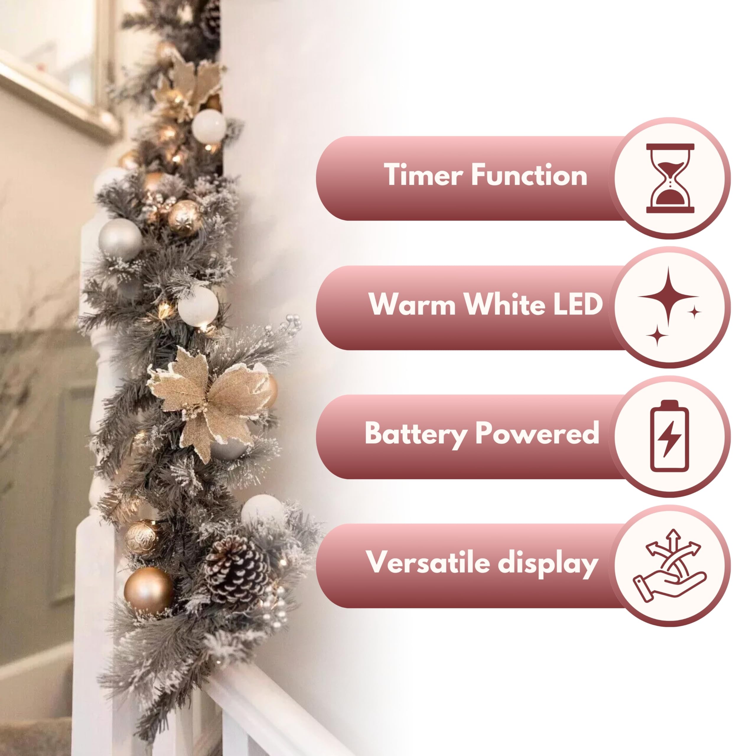 Marco Paul - Guirnalda de Navidad plateada de lujo de 6 pies con luces LED blancas cálidas, guirnalda de Navidad esmerilada alimentada por pilas de 180 cm para chimenea, repisa y escaleras