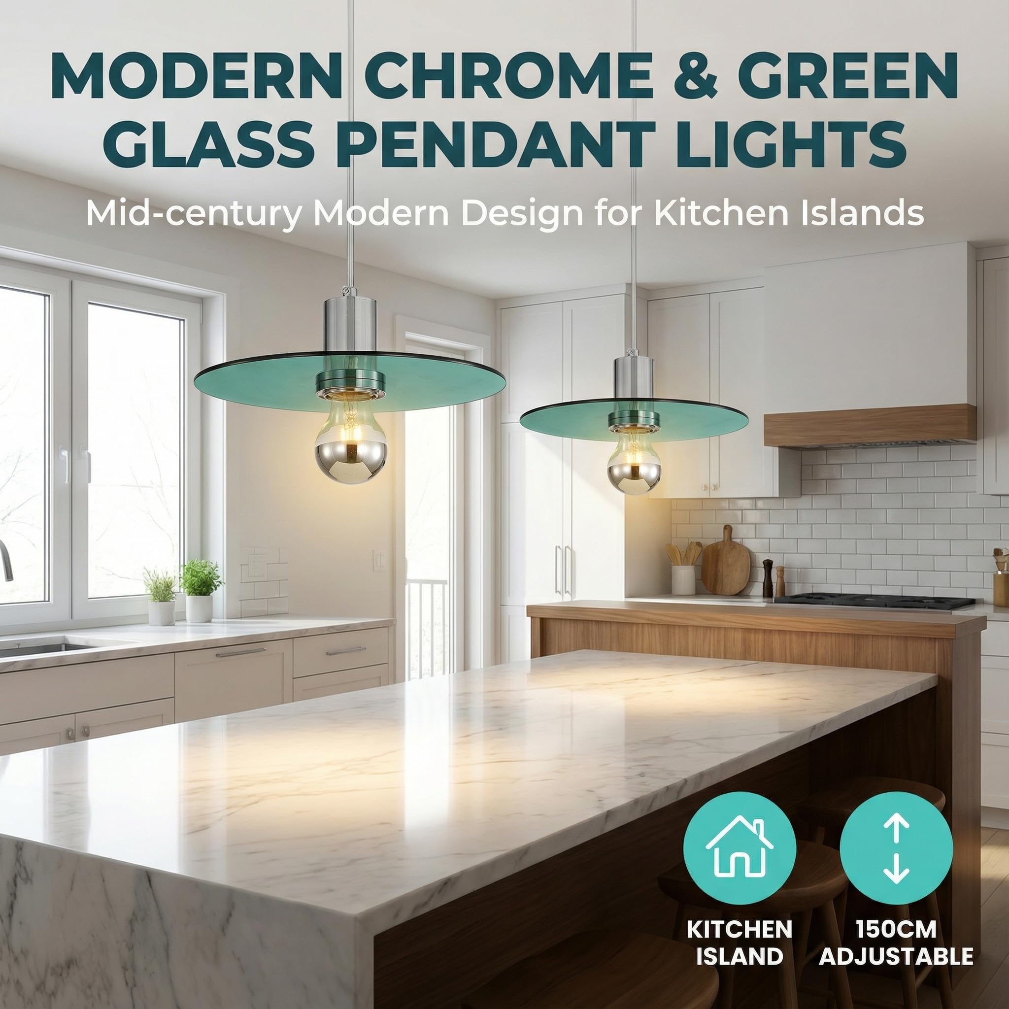 1 Flammig Pendelleuchte Esstisch, Minimalist Hängelampe aus Rund Glas-Scheibe in Grün & Metall in Chrom E27 LED Hängeleuchte für Küche Esszimmer Schlafzimmer & Wohnzimmer