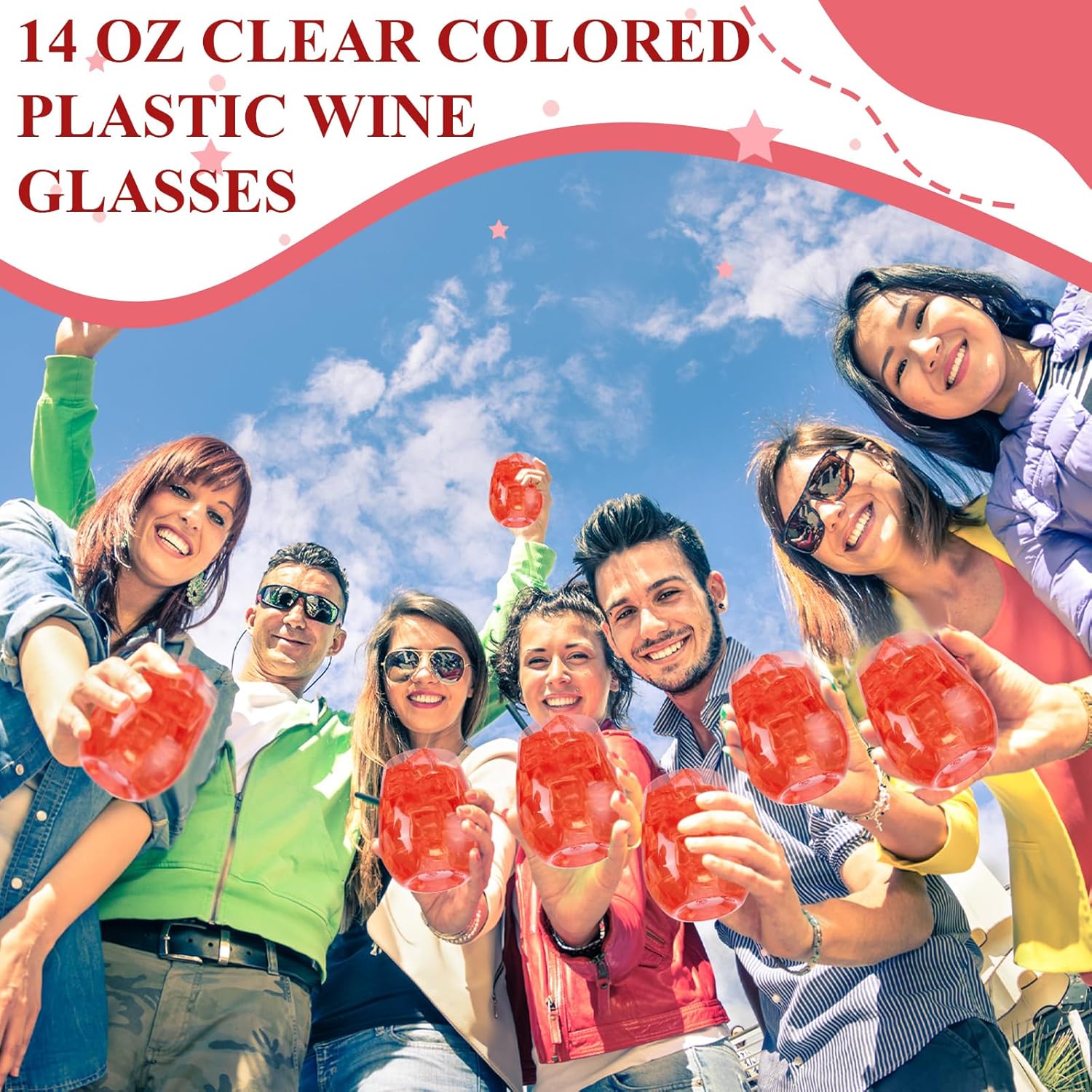 Tioncy 12 Pcs Pink Red Plastic Stemless Wine Glasses Bulk Reusable Colored Unbreakable Valentines Party Wine Cups for Indoor Outdoor Dining Wedding Birthday Cocktail Champagne, 14 oz(Crystal Red)