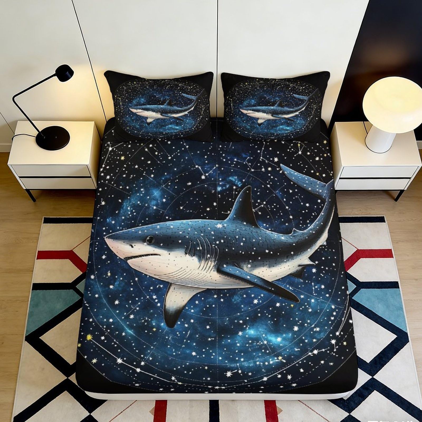 3D Printed Galaxy Starry Sky Fitted Sheet Microfiber Shark Cosmic Nebula Mattress Cover for Bedroom Dorm Decor 90x200x25cm