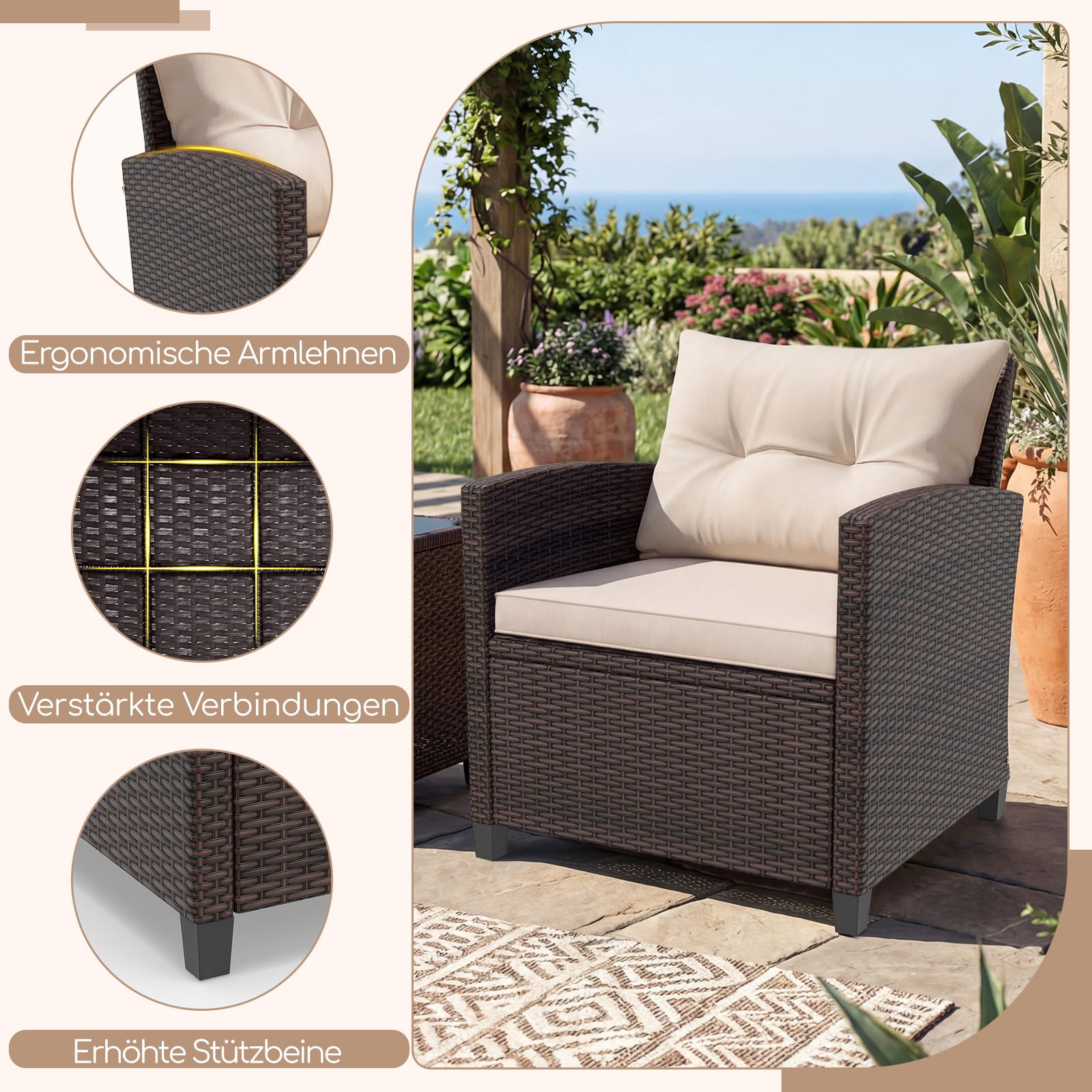GIANTEX Rattan Gartenmöbel Set, Balkonmöbel Kleiner Balkon, Lounge Gartenmöbel Set, Balkon Möbel für 2 Personen, Gartenlounge Set 2 Sessel & Tisch, 3 tlg. Gartensitzgruppe inkl. Sitz- und Rückenkissen
