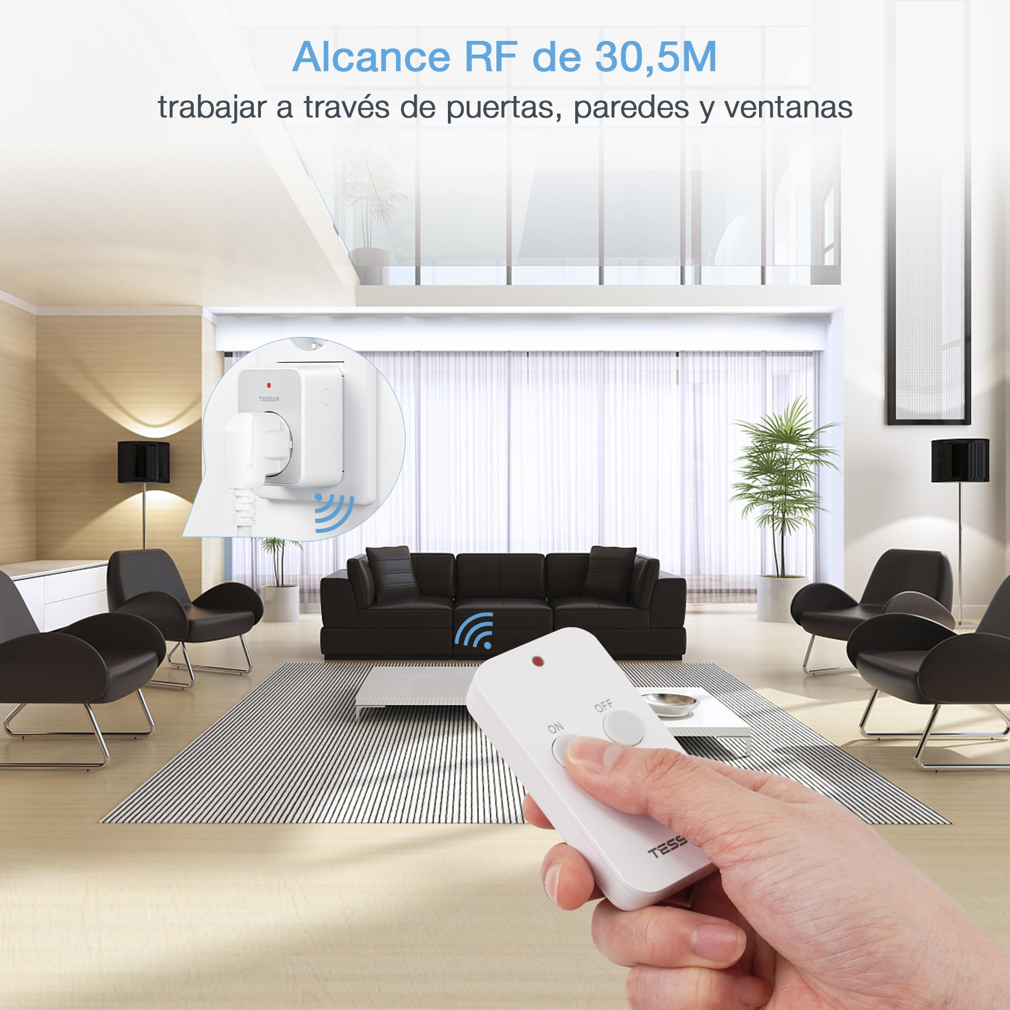 TESSAN Enchufe con Mando a Distancia Inalámbrico, 3600W Enchufe Mando a Distancia, Rango de operación 30,5M con Control Remoto Magnético, Programable