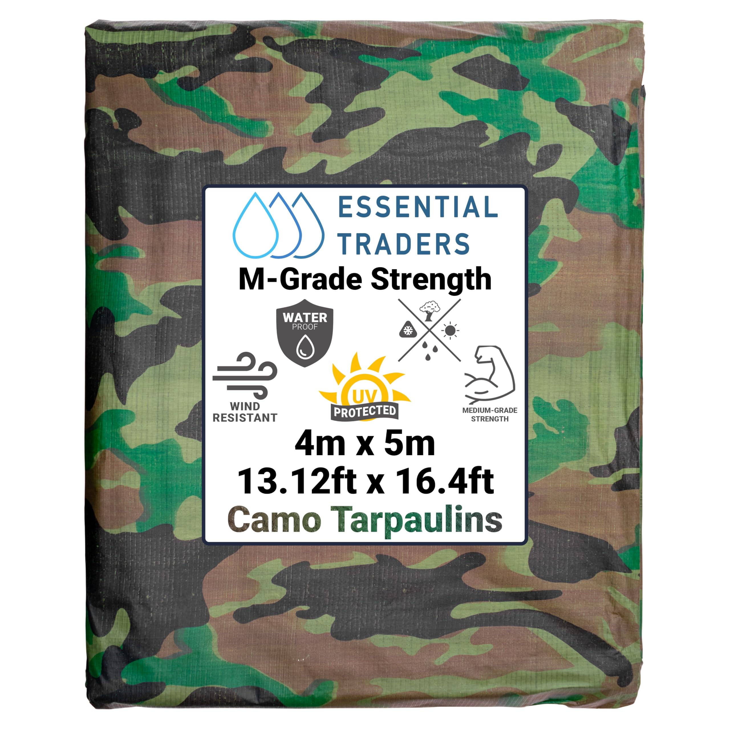 Premium Camouflage Heavy Duty Tarpaulin, 90gsm Waterproof Cover Ground Sheet Forest Tarp, Army Camo Basha, Weatherproof Tear & UV Resistance Military Sheet (4m x 5m)