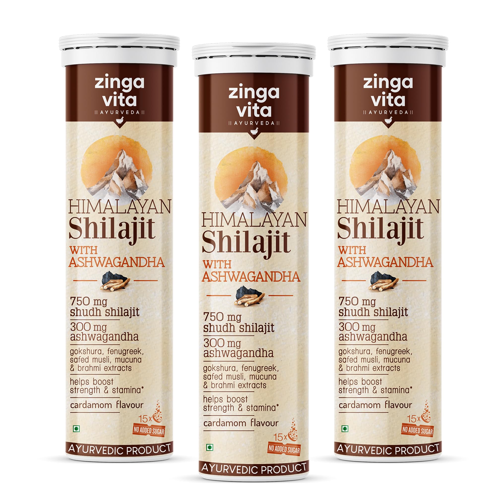 Zingavita Ayurveda Himalayan Shilajit (750mg) Effervescent, with Ashwagandha, Gokshuru, Fenugreek, Brahmi and Safed Musli for Strength, Performance & Muscle recovery, Cardamom, Vegetarian - Pack of 3