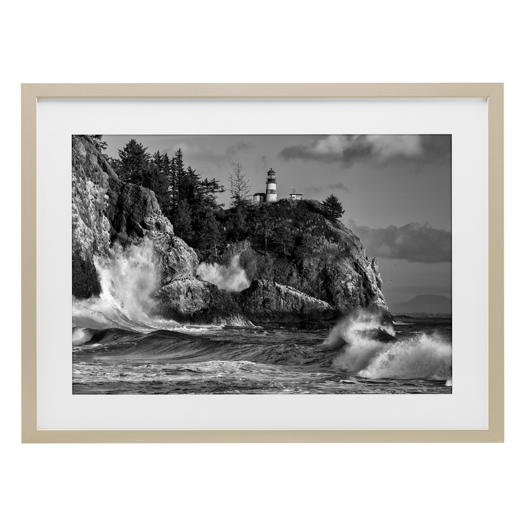 Stupell Industries Nautical Lighthouse Over Rolling Waves, Greyscale Coastal Cliff Landscape, 14 x 20 Inch Framed Matted Print Under Glass, by Rick Berk, Made in USA Gift