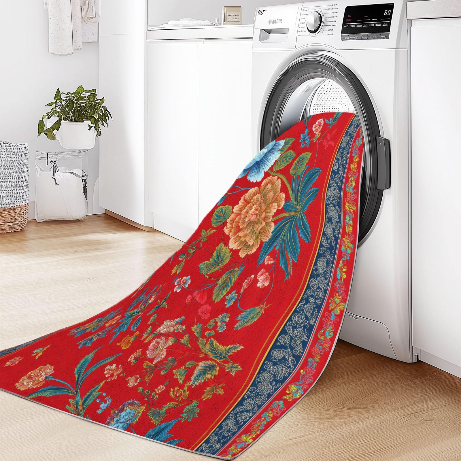 Zmywalny antypoślizgowy czerwony dywan do jadalni, dekoracyjne dywany flanelowe do salonu 180 x 240 cm - retro chińskie kwiatowe liście dywan dla dzieci chłopców dziewcząt dorosłych sypialnia