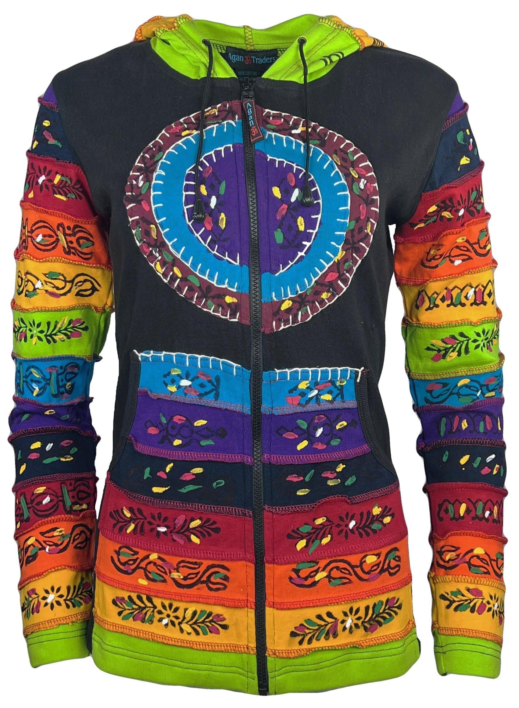 Agan Traders Women's Fashion Zip Up Hoodies & Sweatshirts - Auspicious Symbols Multi-Colored Patched Zip Up Jackets for Women