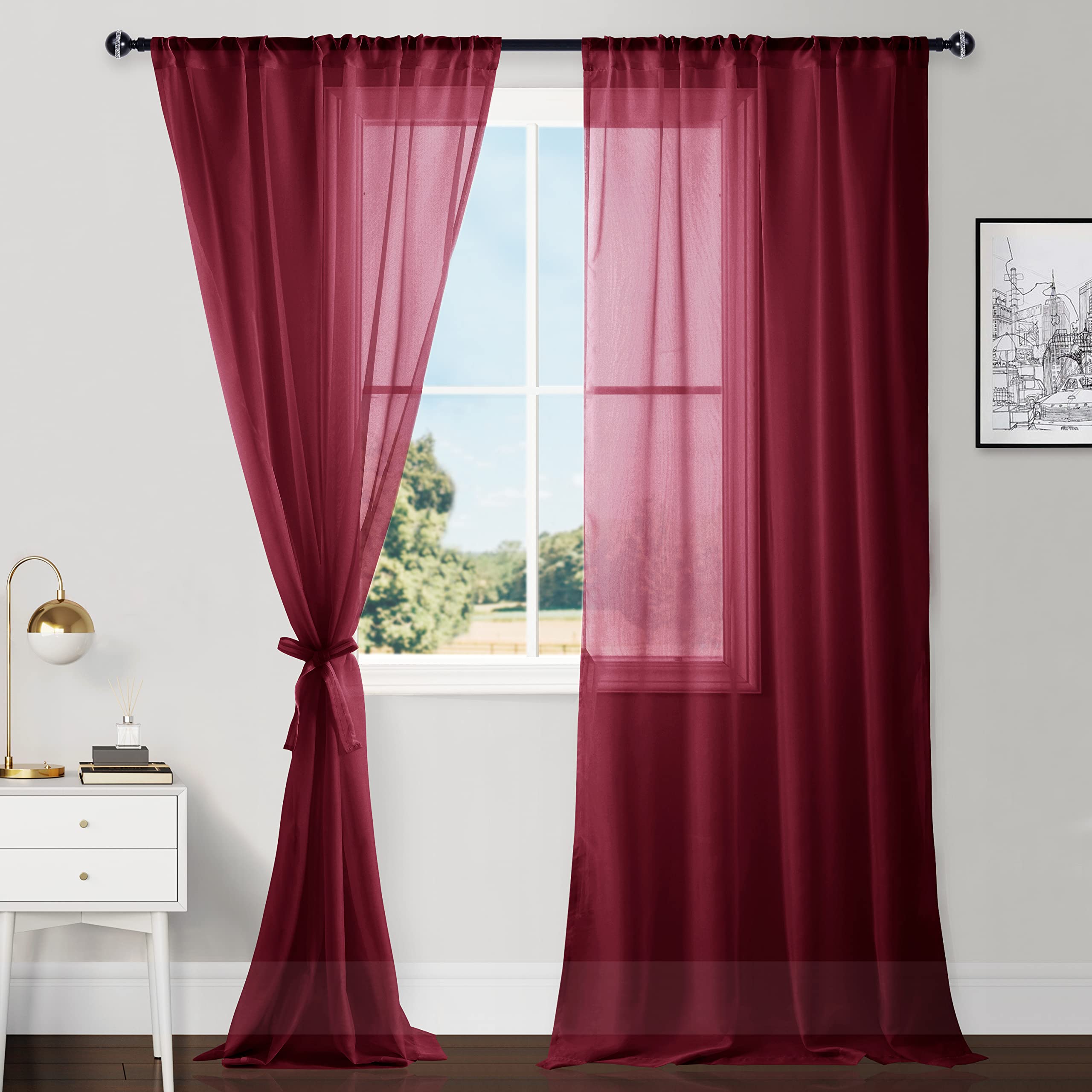 Hiasan Sheer Curtains with Tiebacks, Light Filtering Voile Textured Drapes Extra Long Rod Pocket Window Curtains for Bedroom, Living Room, Patio Door,