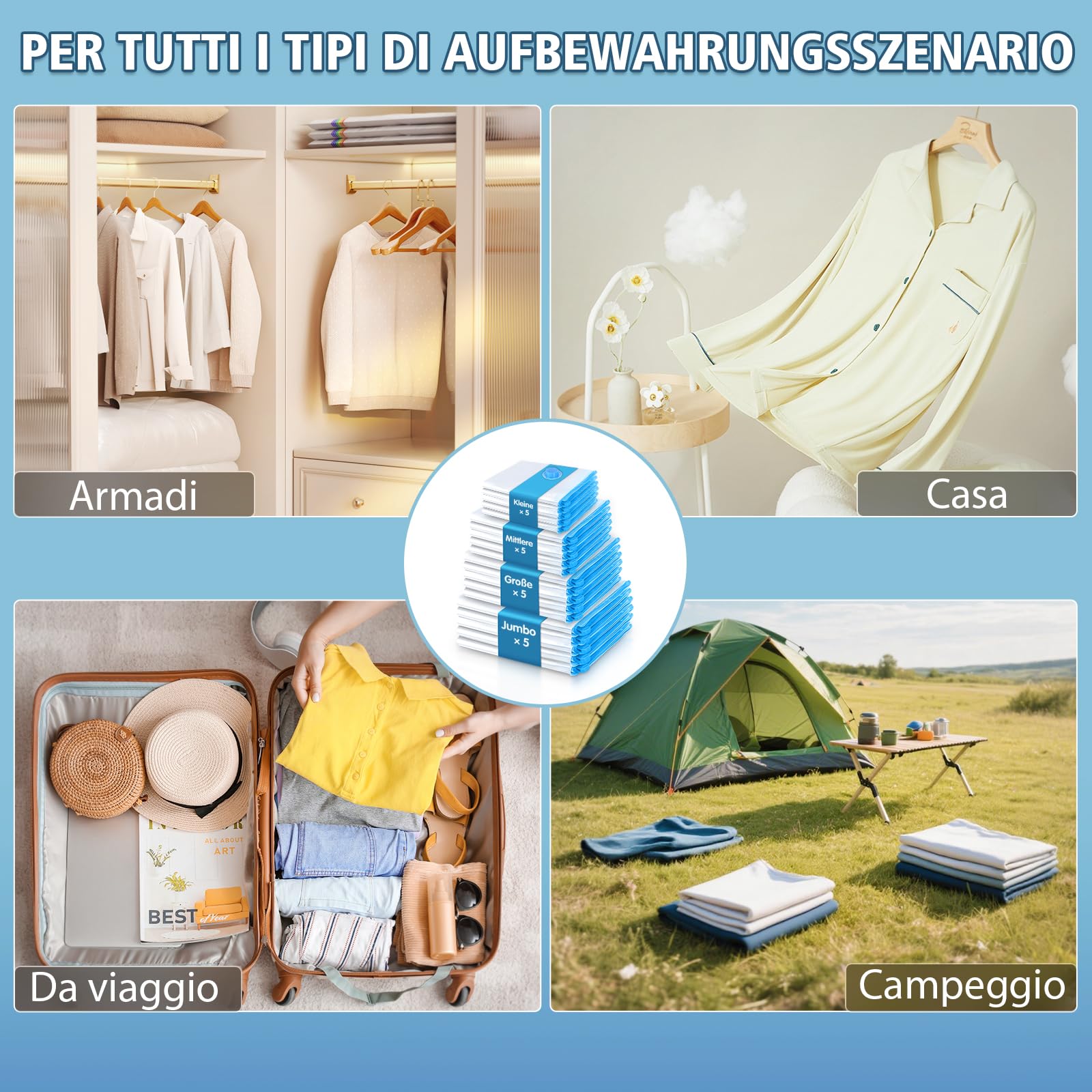 20 Pezzi Sacchetti Sottovuoto Vestiti Buste Sottovuoto Vestiti Piumoni 5 Misure con Pompa Elettrica Sacchi Sottovuoto Piumoni Risparmio 80% Spazio Riutilizzabili per Casa Viaggio