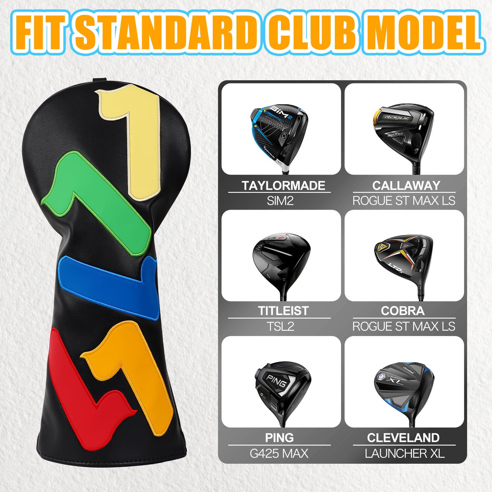 Copritesta in legno per mazze da golf, per driver/fairway/ibrido 1FH chiusura elastica nera in pelle PU con testo multicolore
