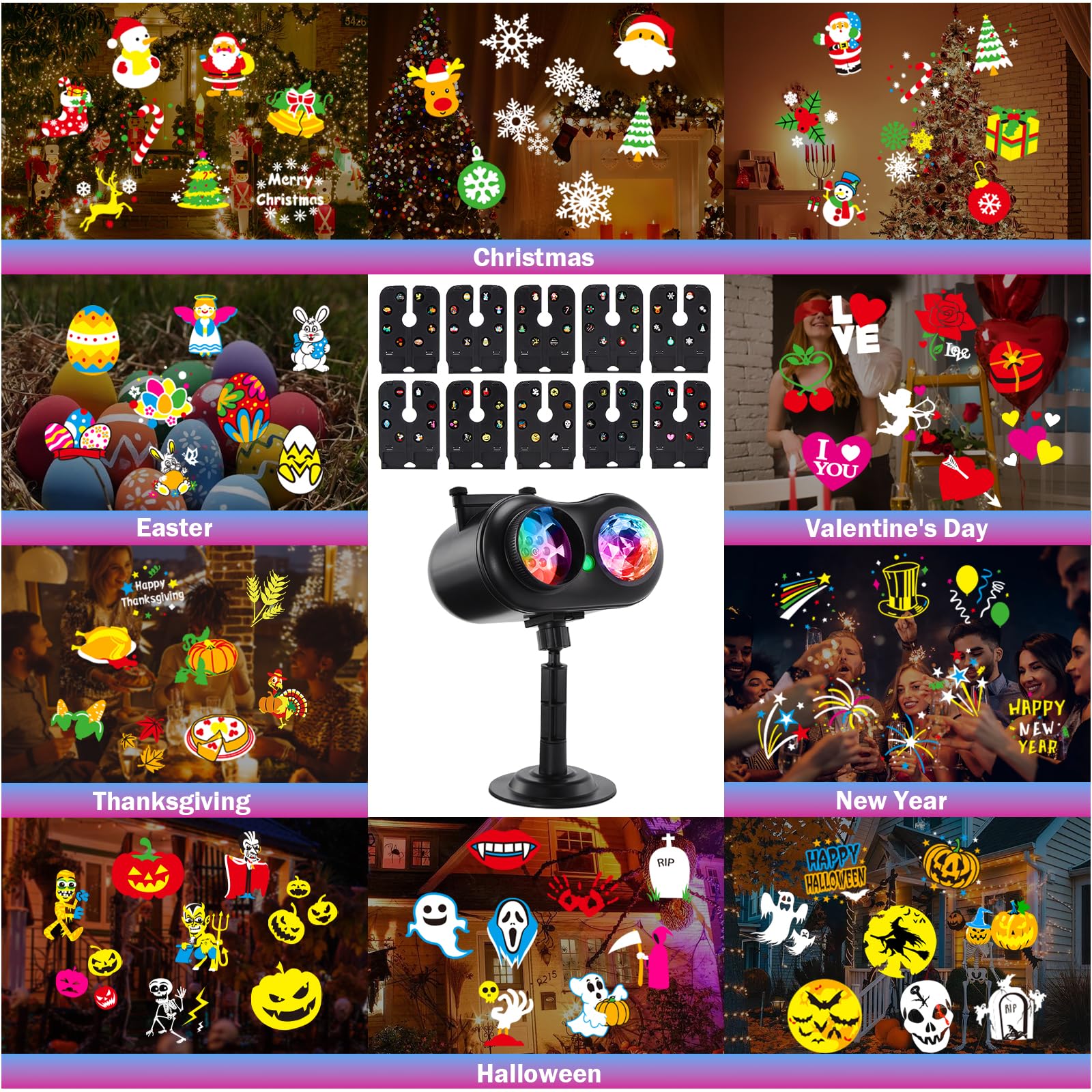 HAKUTA Projecteur laser 3 en 1 pour Halloween, Noël, effet océan, avec 10 diapositives/80 motifs HD pour Noël, Nouvel An, anniversaire, Halloween, décoration de Thanksgiving