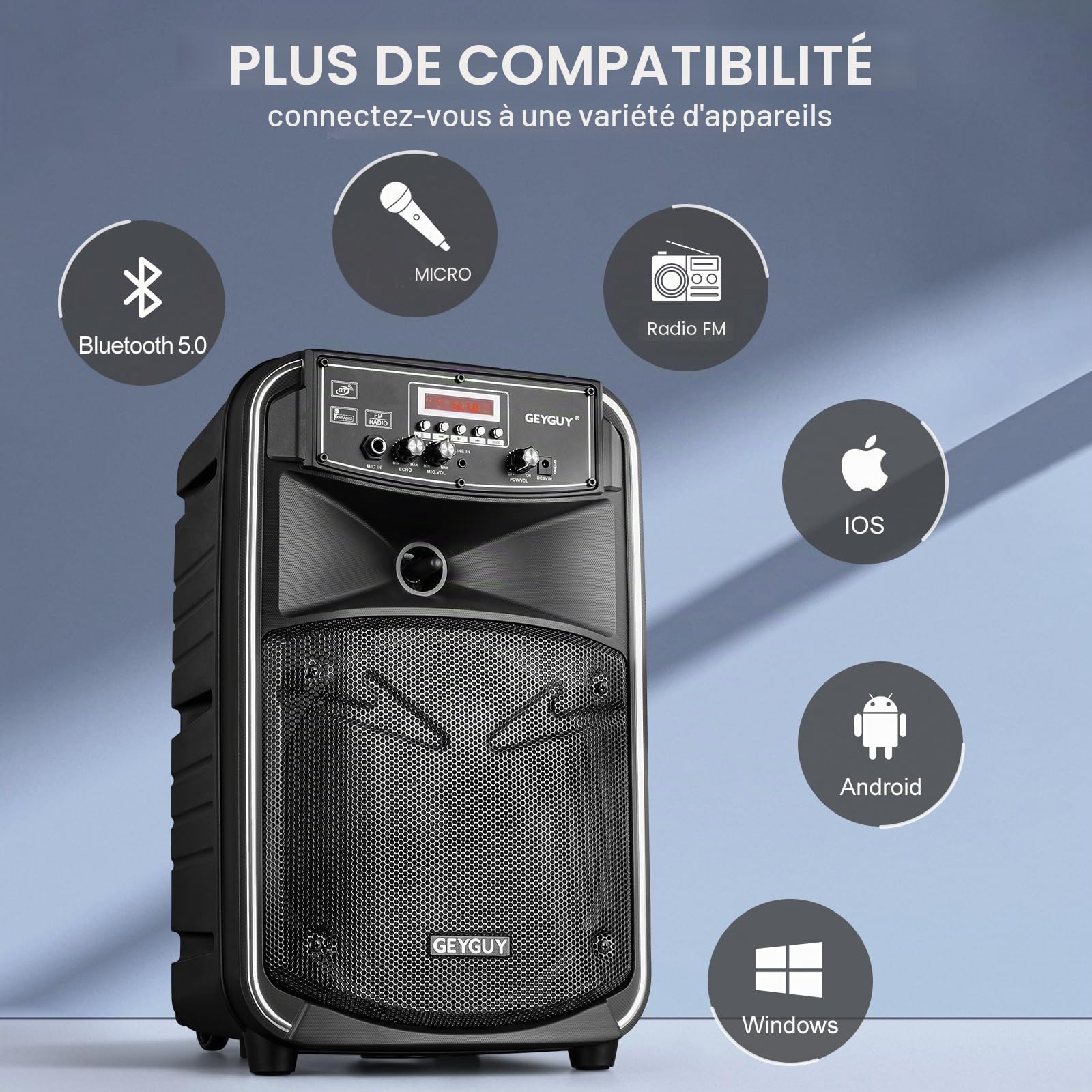 Enceinte Bluetooth Portable, Enceinte Sono Karaoké avec Microphone, Télécommande et Batterie Rechargeable Intégrée, MP3/USB/SD, Voyants Lumineux Indicateur de Batterie LED