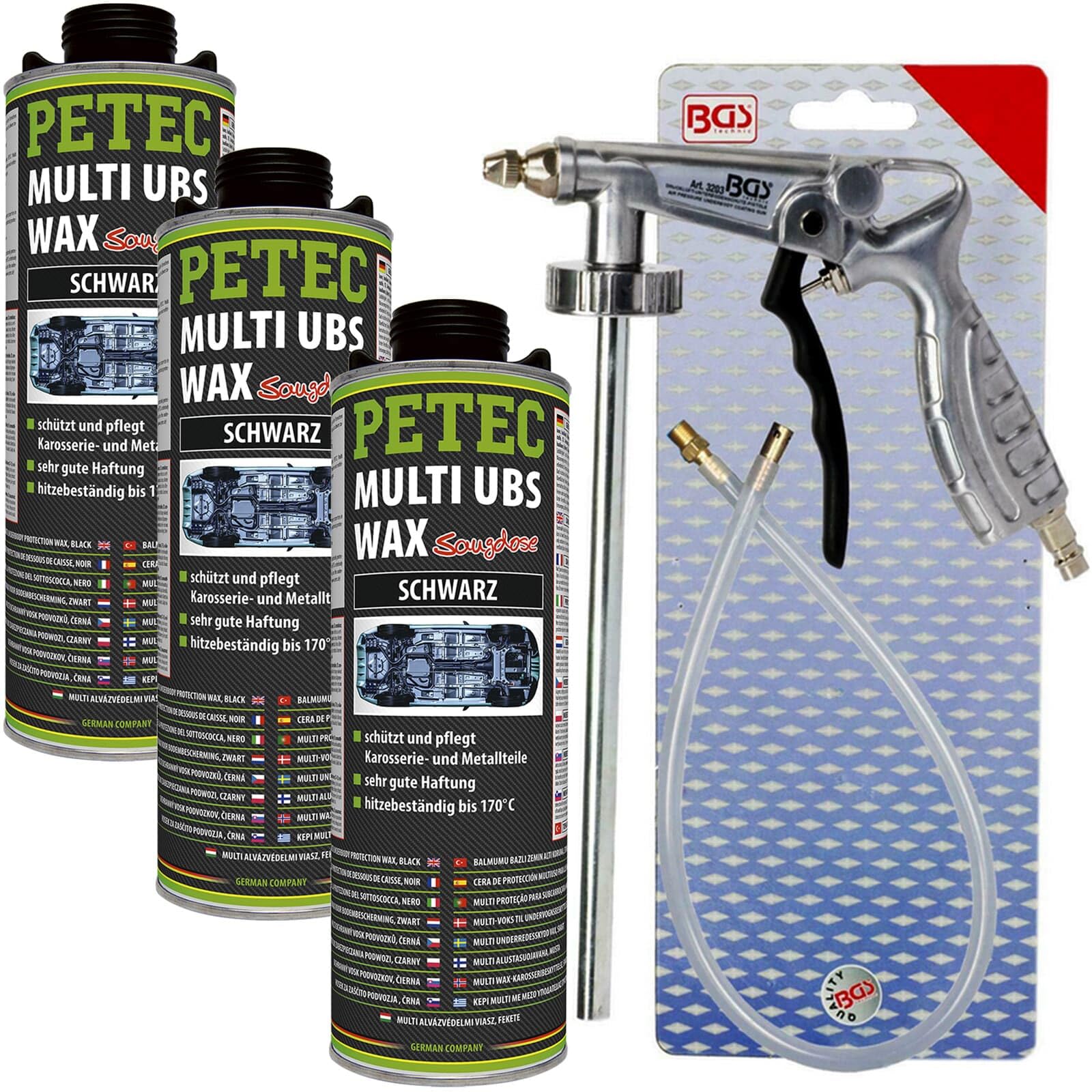 BandelOne enthält 3X 1L PETEC Unterbodenschutz Multi UBS Wax Saugdose Schwarz + BGS UBS Pistole