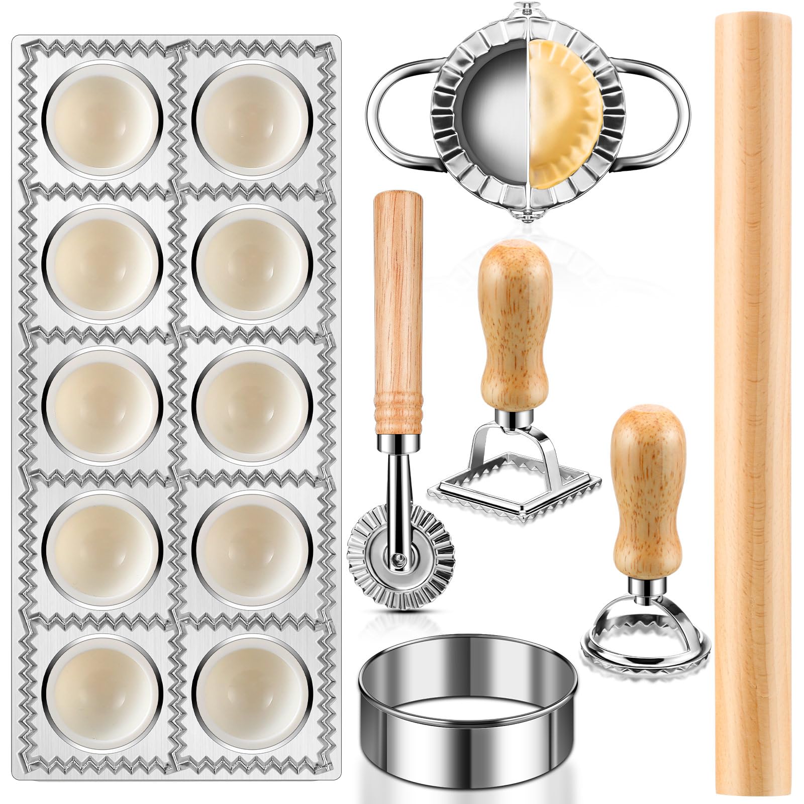 8 Pieces Ravioli Mold Set, ravioli cutter, Ravioli Maker Cutter with Roller Wheel, Ravioli Cutter Set with Wooden Handle, Pasta Making Kit for Ravioli Press Mold. Suitable for home and restaurant us