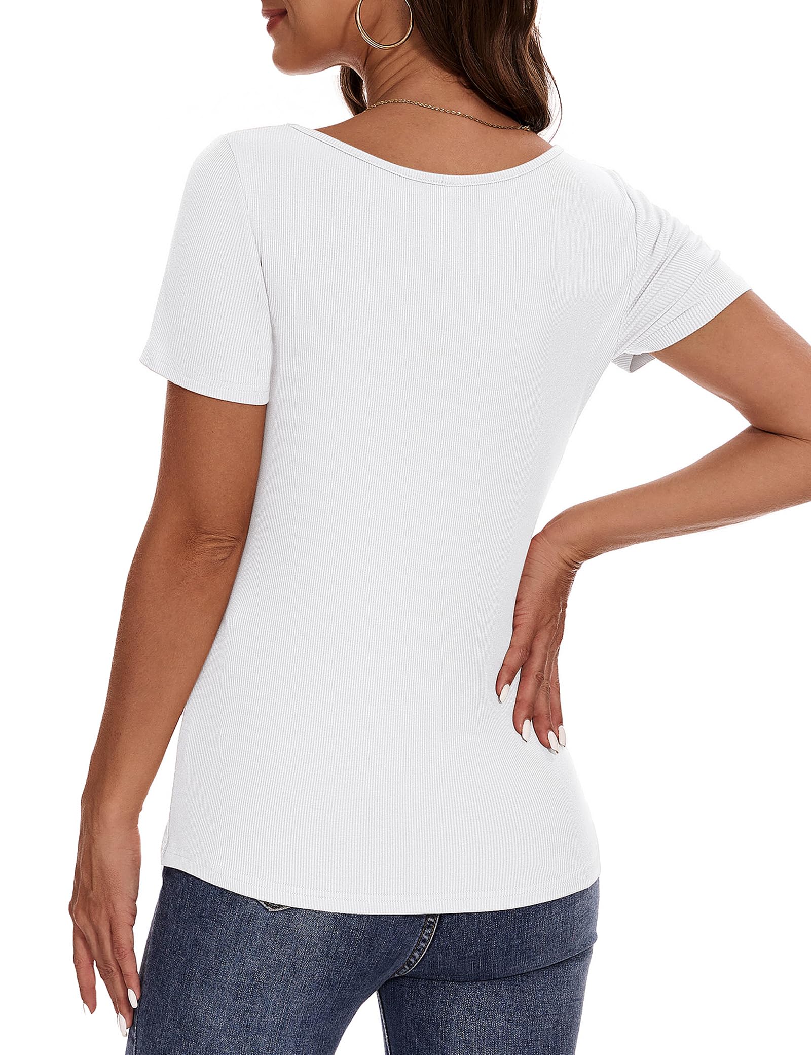 Aottori T-Shirt Donna con Scollo Quadrato Magliette a Maniche Corte Estivo Tops a Costine Elegante Basic Shirt Tinta Unita Casual