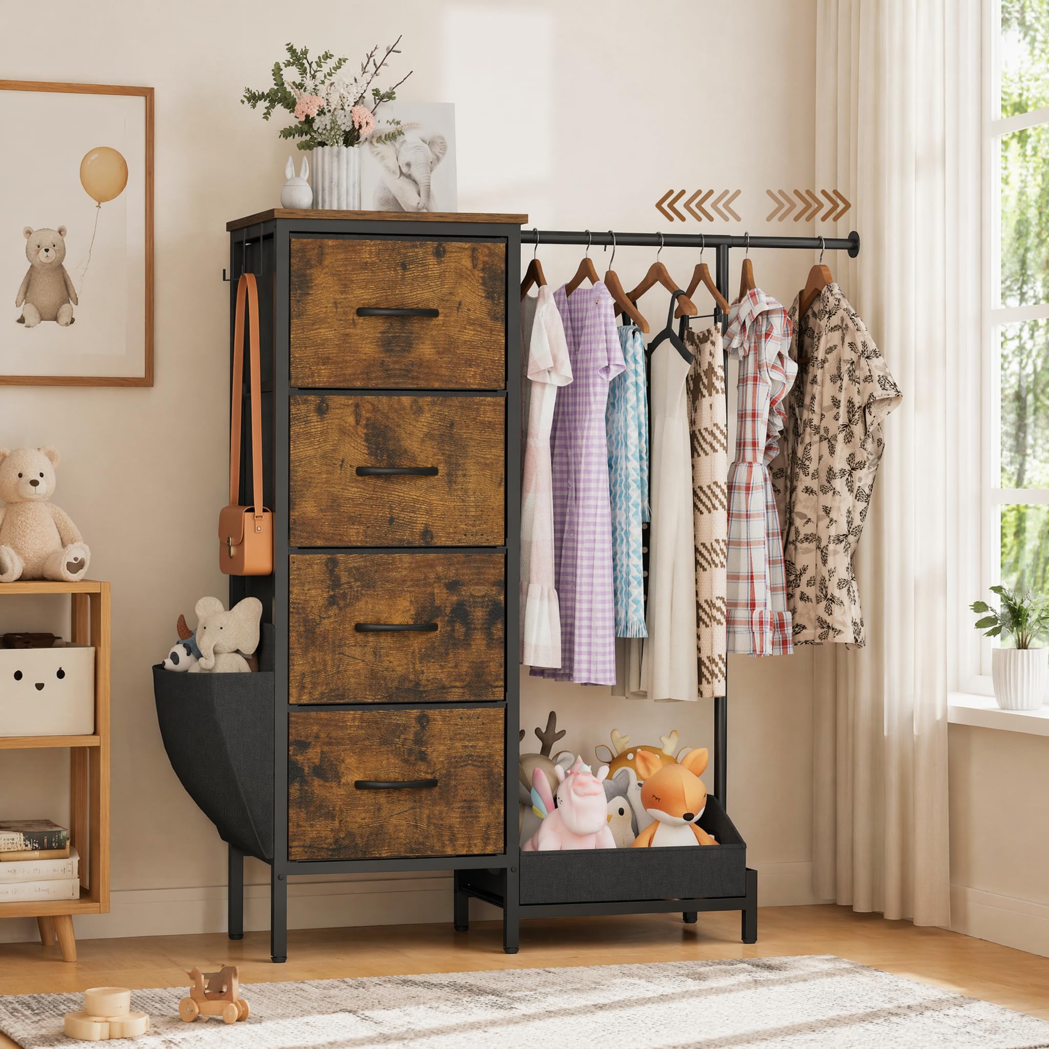 Commode avec 4 tiroirs en tissu et tringle à vêtements, 110 cm de haut, armoire étroite pour chambre à coucher, couloir, chambre d'enfant, armoire à linge peu encombrante avec étagère à chaussures