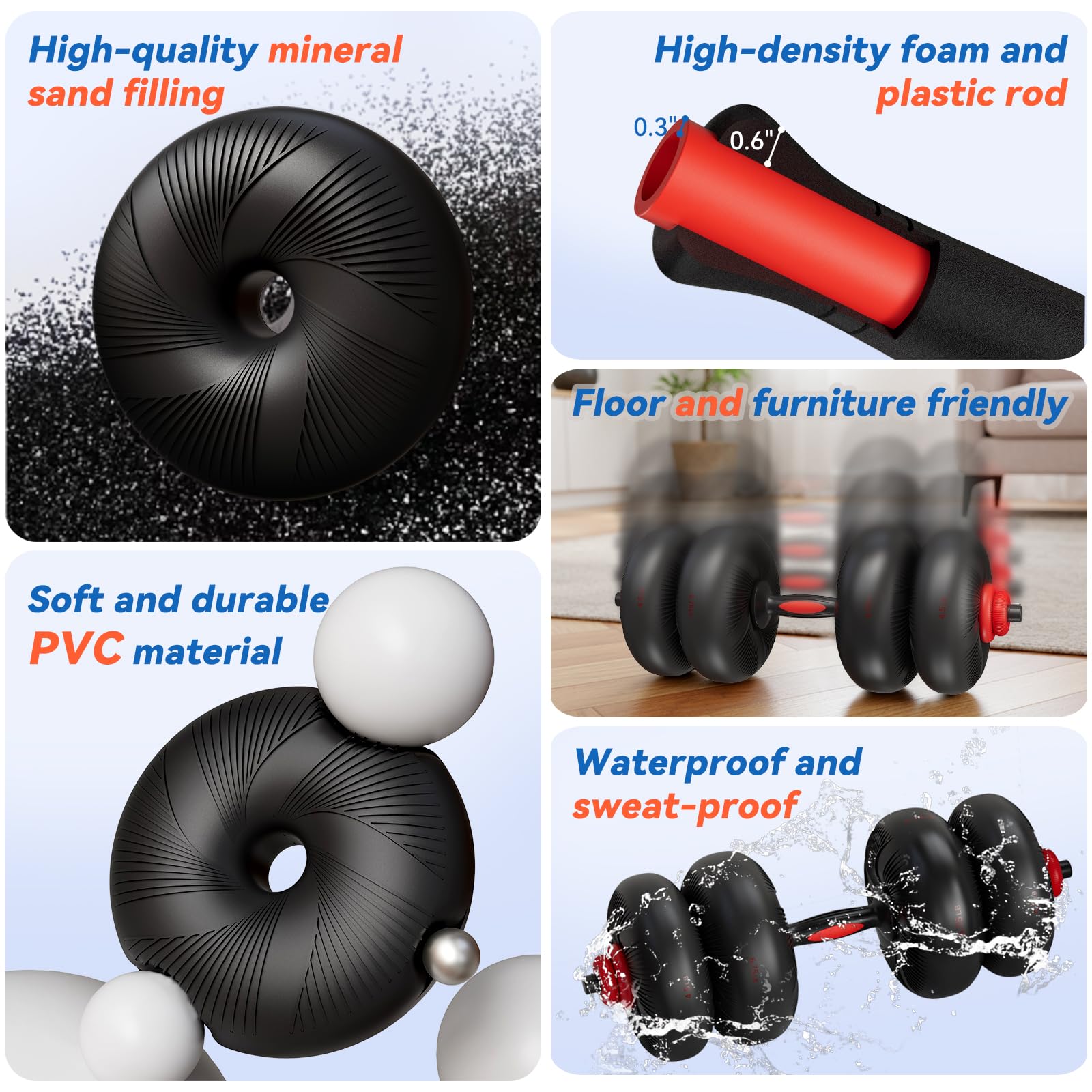 LIFERUN Set di manubri regolabili, 20,4 kg/30,4 kg, set da palestra a casa, 4 in 1 utilizzati come bilanciere, manubri, kettlebell, dischi pesi, morbido rivestimento in PVC, salvaspazio, esercizi
