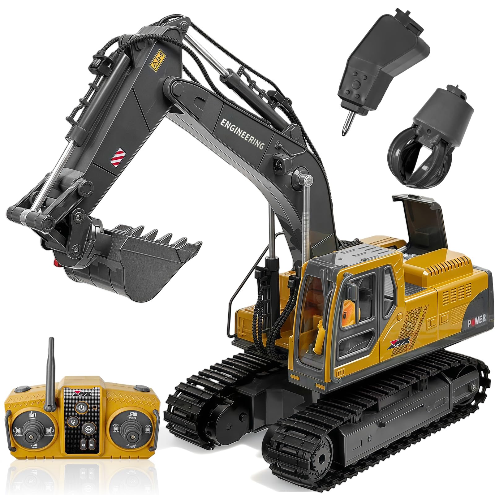 kolegend 3-in-1 Ferngesteuerter Bagger, 14-Kanal RC Bagger Spielzeug mit DREI Metallköpfen, 680° Drehbarer Radlader mit Lichtern & Musik, Geschenk Ab 6-12 Jahre