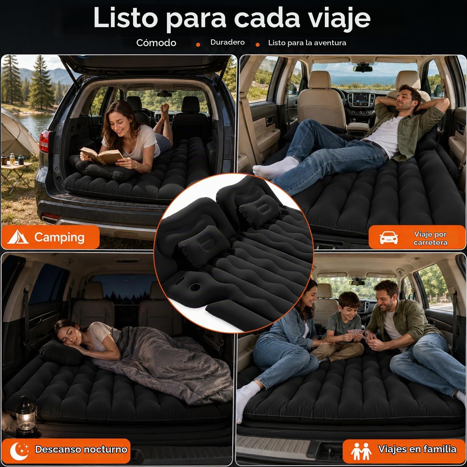 Colchon Coche, 1.75 * 1.35M Colchón para Coche Asiento Trasero, Incluye Bomba de Aire 2 Almohadas, SUV Colchón Hinchable, Tejido Grueso, Colchón Aire Coche para Viaje Camping (Negro)