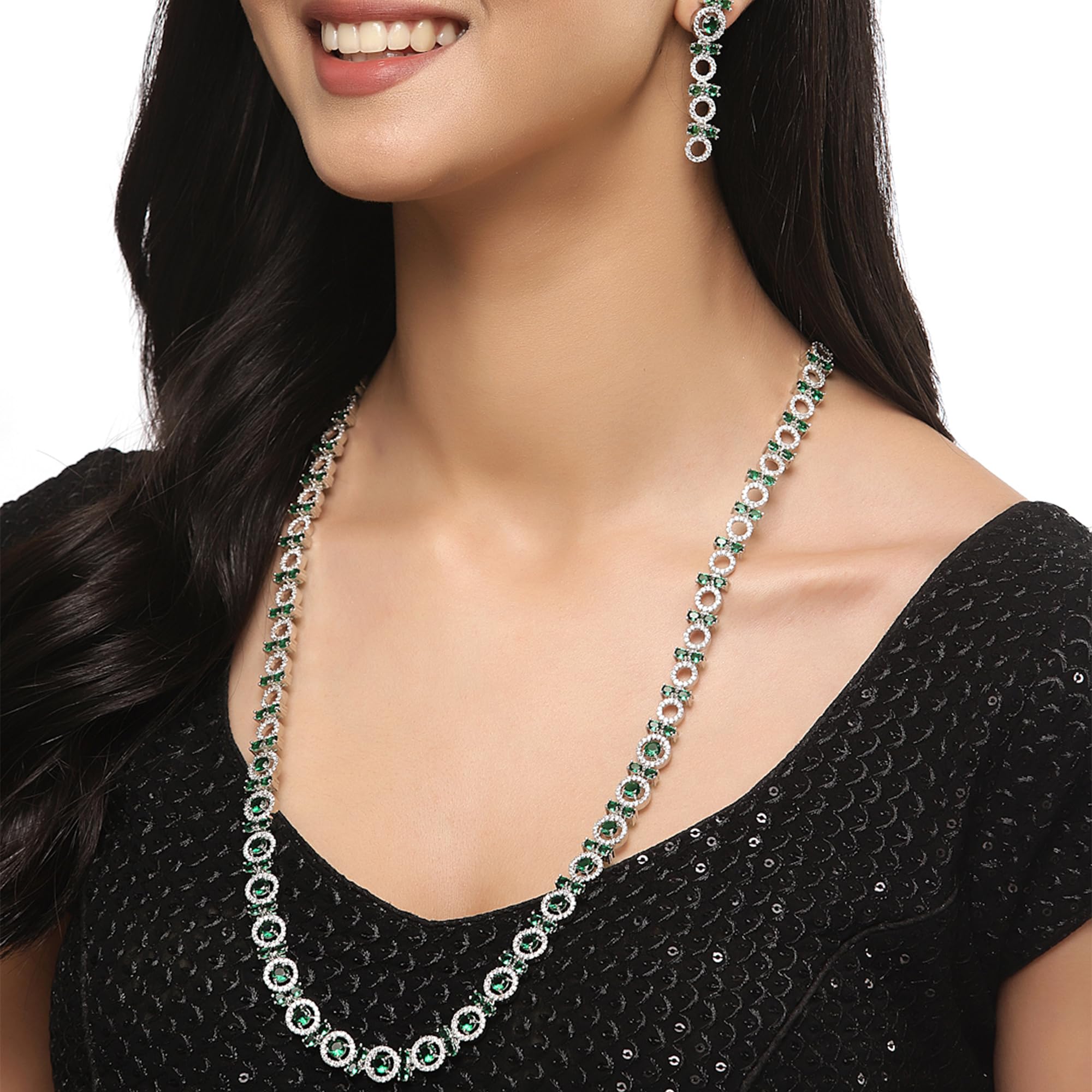 Circular American Diamond Long Necklace Earring Set