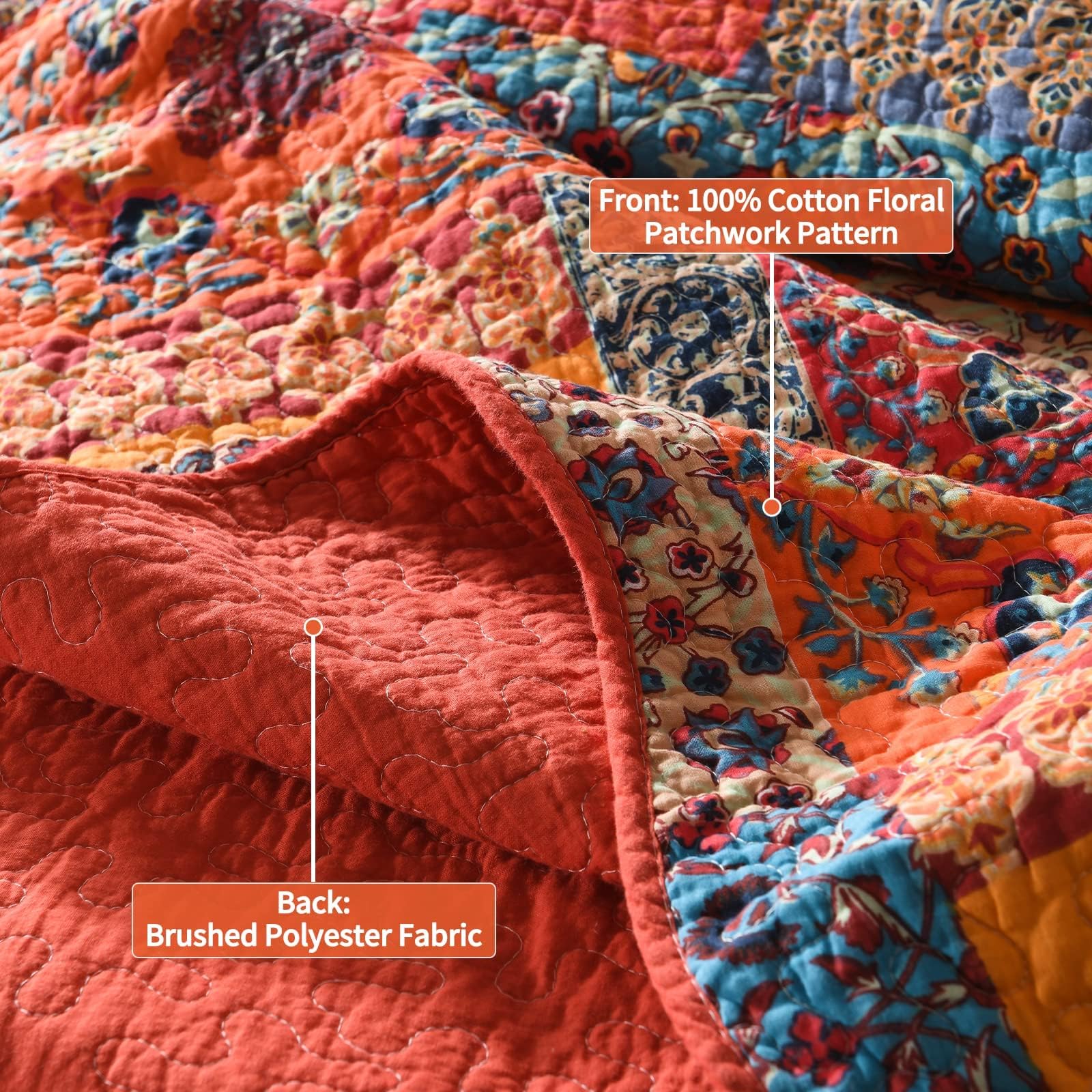 Qucover Tagesdecke 240x260cm Patchwork Baumwolle Bettüberwurf 250x270 aus Baumwolle Gesteppte Decke für Doppelbett mit Kissen in Landhausstil