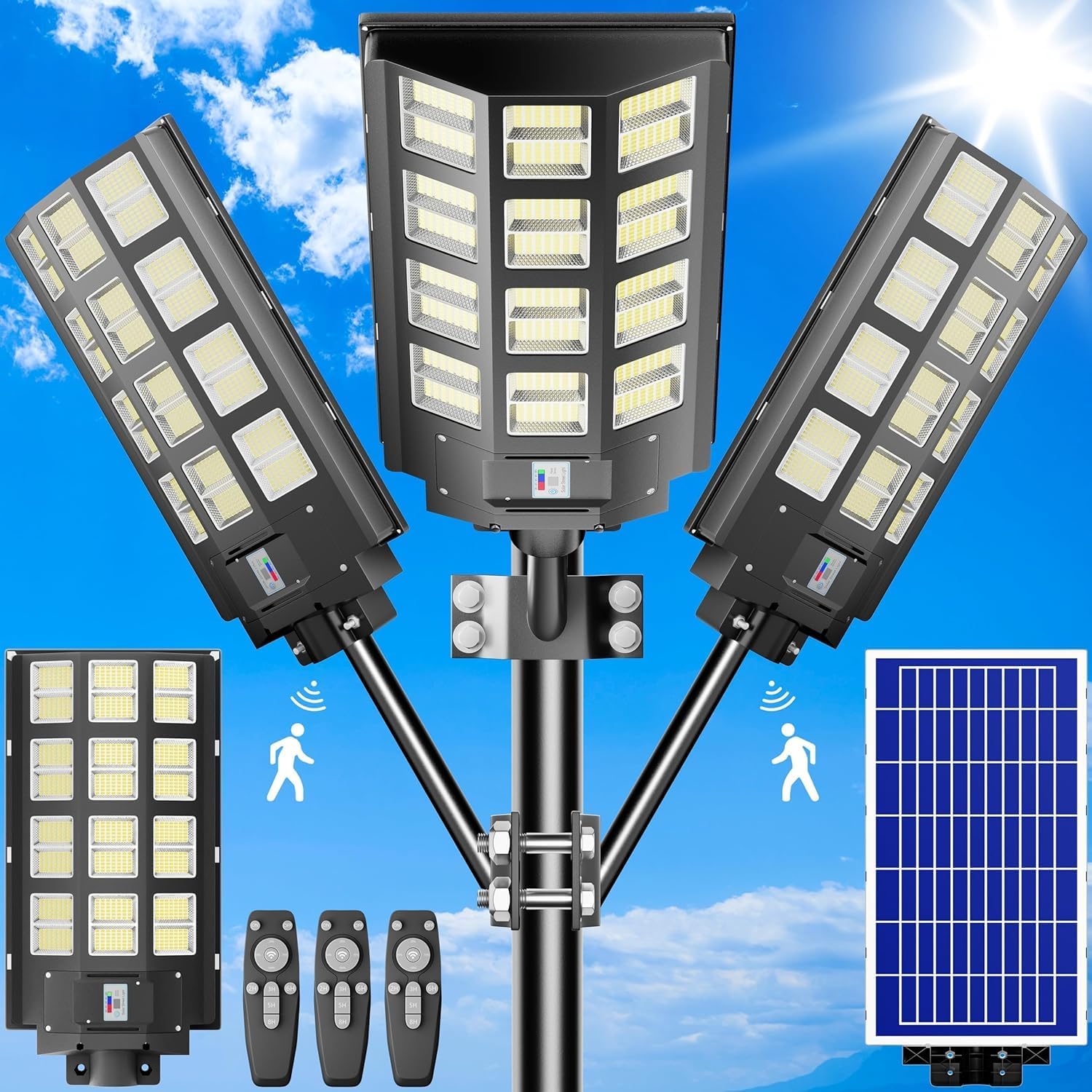 3-Pack Solar Street Lights Outdoor Waterproof-360000LM 7000K Outdoor LED Solar Street Light Dusk to Dawn 7200W Street Lights Solar Powered,with Motion Sensor,Solar Parking Lot Light,Yard 3200W-3Pack