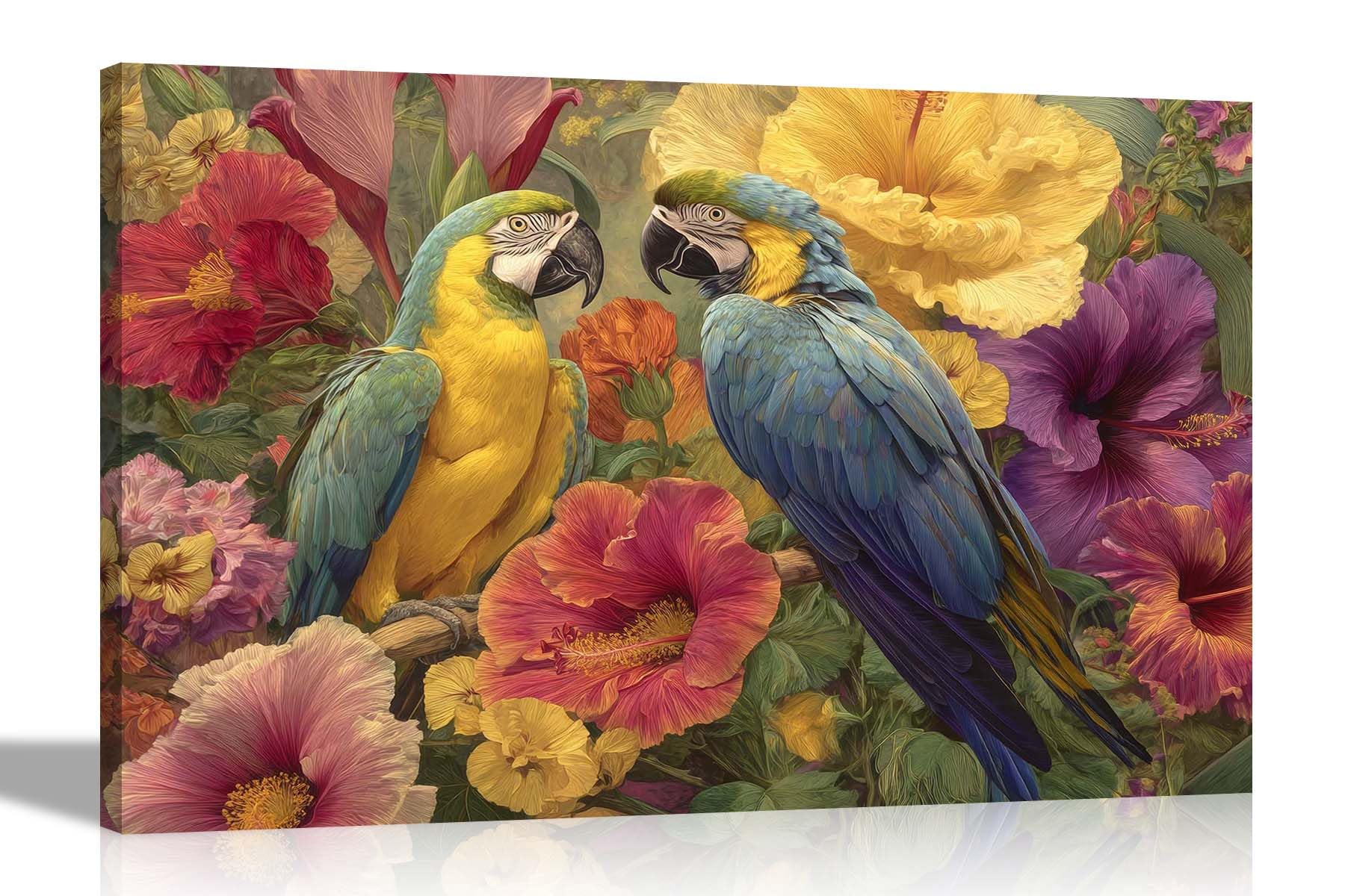 Artley Prints Parrots In Flower Garden - Colourful Macaw Parrots Exotic Flowers Canvas Wall Art Framed Floral Pictures Contemporary Prints Home Conservatory Decor 60 X 40Cm (24 X 16 Inches) A2