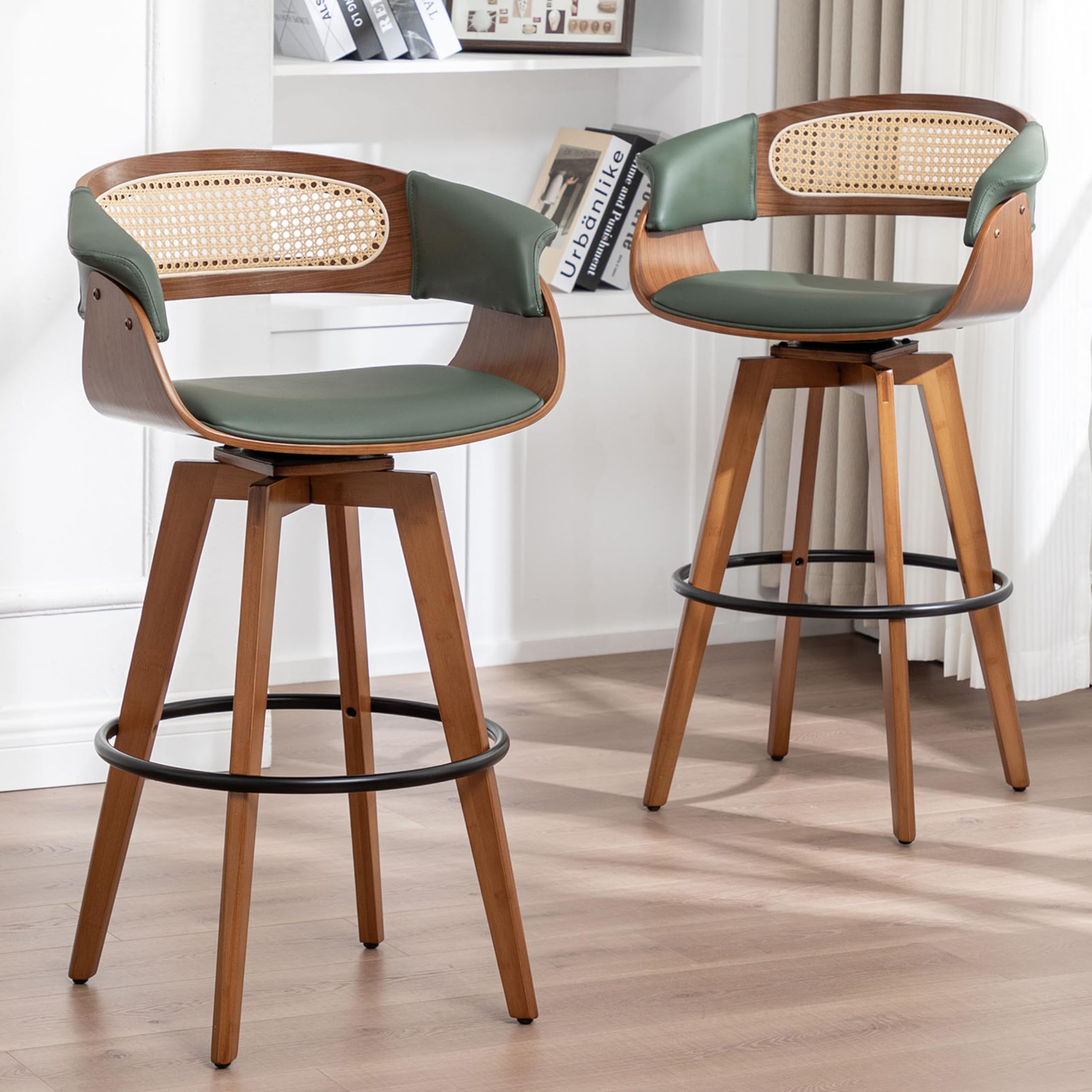 Bar Stools Set of 2, 29.5 inch Swivel Bar Stools with Curved Rattan Back, Walnut Craftsmanship, Faux Leather Upholstered Seat, Mid Century BarStools